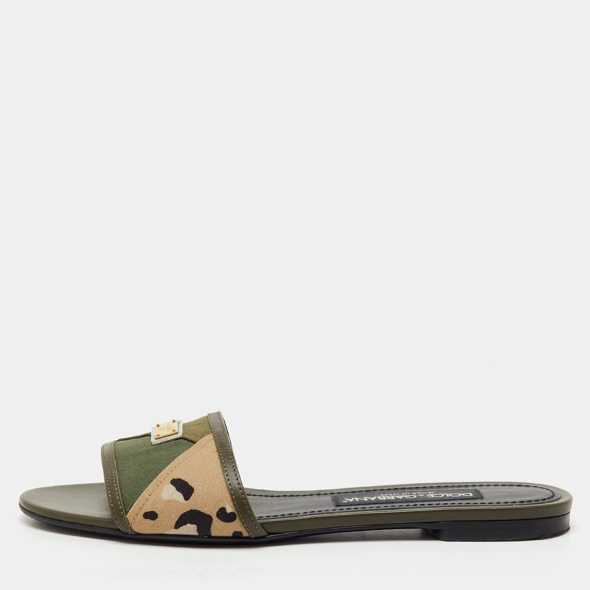 Pre Owned Dolce & Gabbana Olive Green Leather and Fabric Camouflage Flat Slide Sandals Size 38