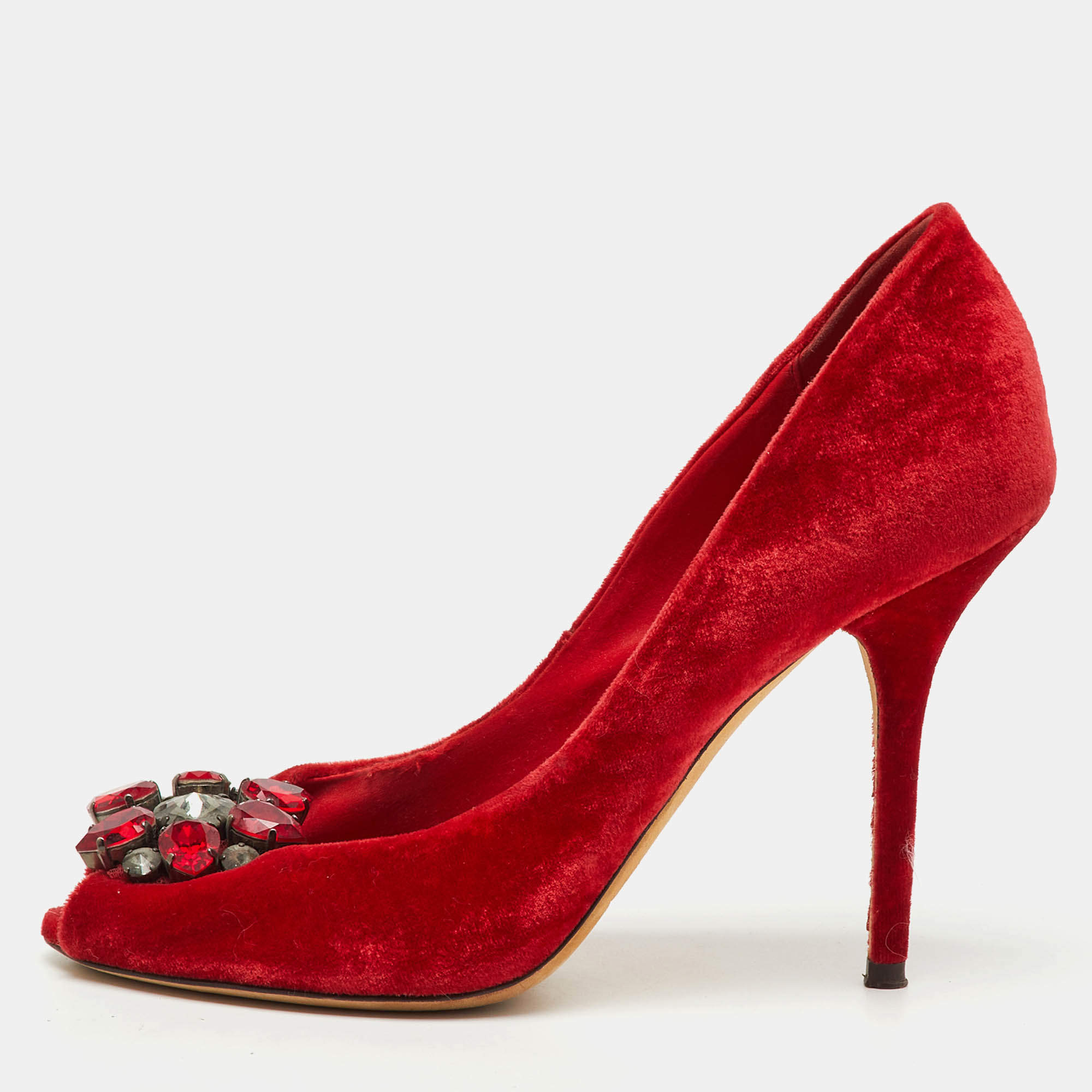 Pre Owned Dolce & Gabbana Red Velvet Taormina Crystal Embellished Peep Toe Pumps Size 38