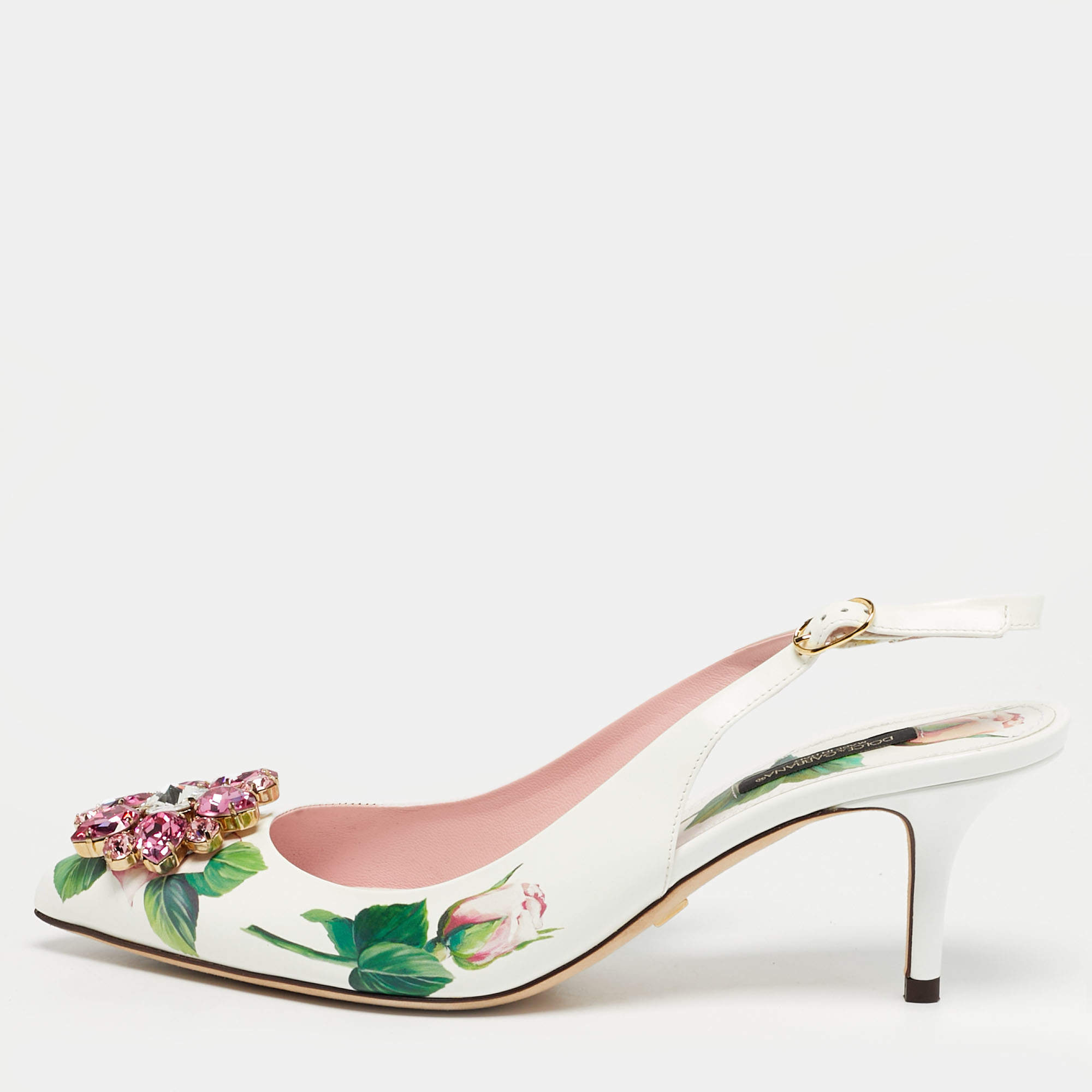 Pre Owned Dolce & Gabbana White Tropical Rose Print Leather Slingback Pumps Size 38.5