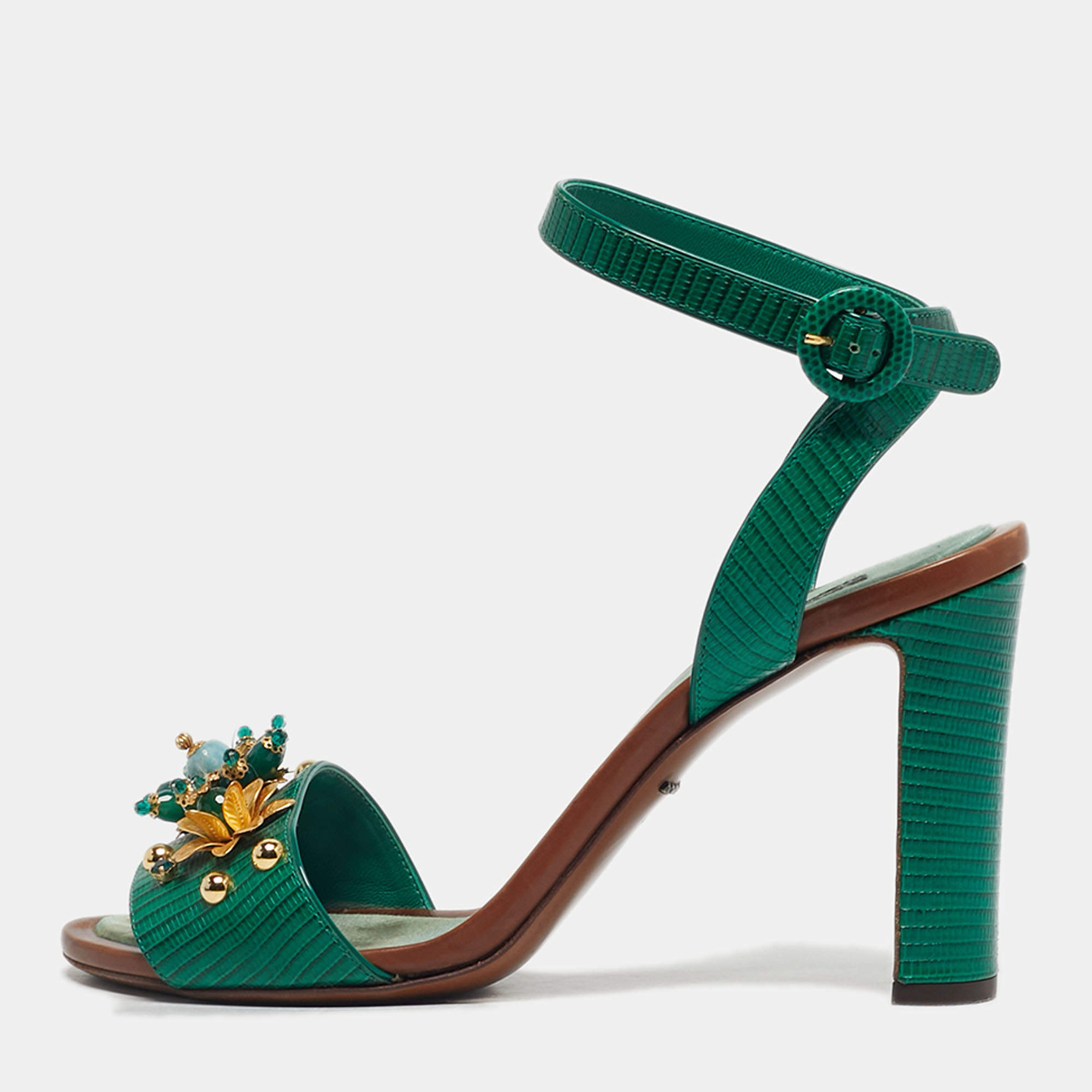 Pre Owned Dolce & Gabbana Green Lizard Embossed Leather Embellished Ankle Strap Sandals Size 40