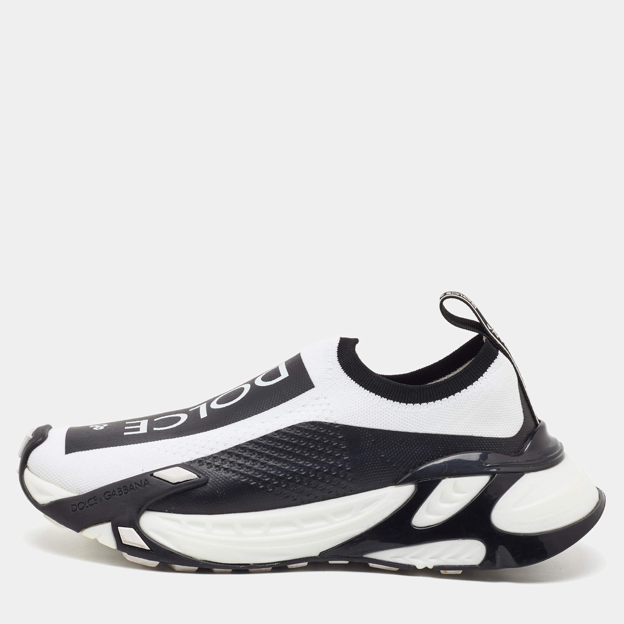 Pre Owned Dolce & Gabbana White/Black Knit Fabric Sorrento Stretch Slip On Sneakers Size 38