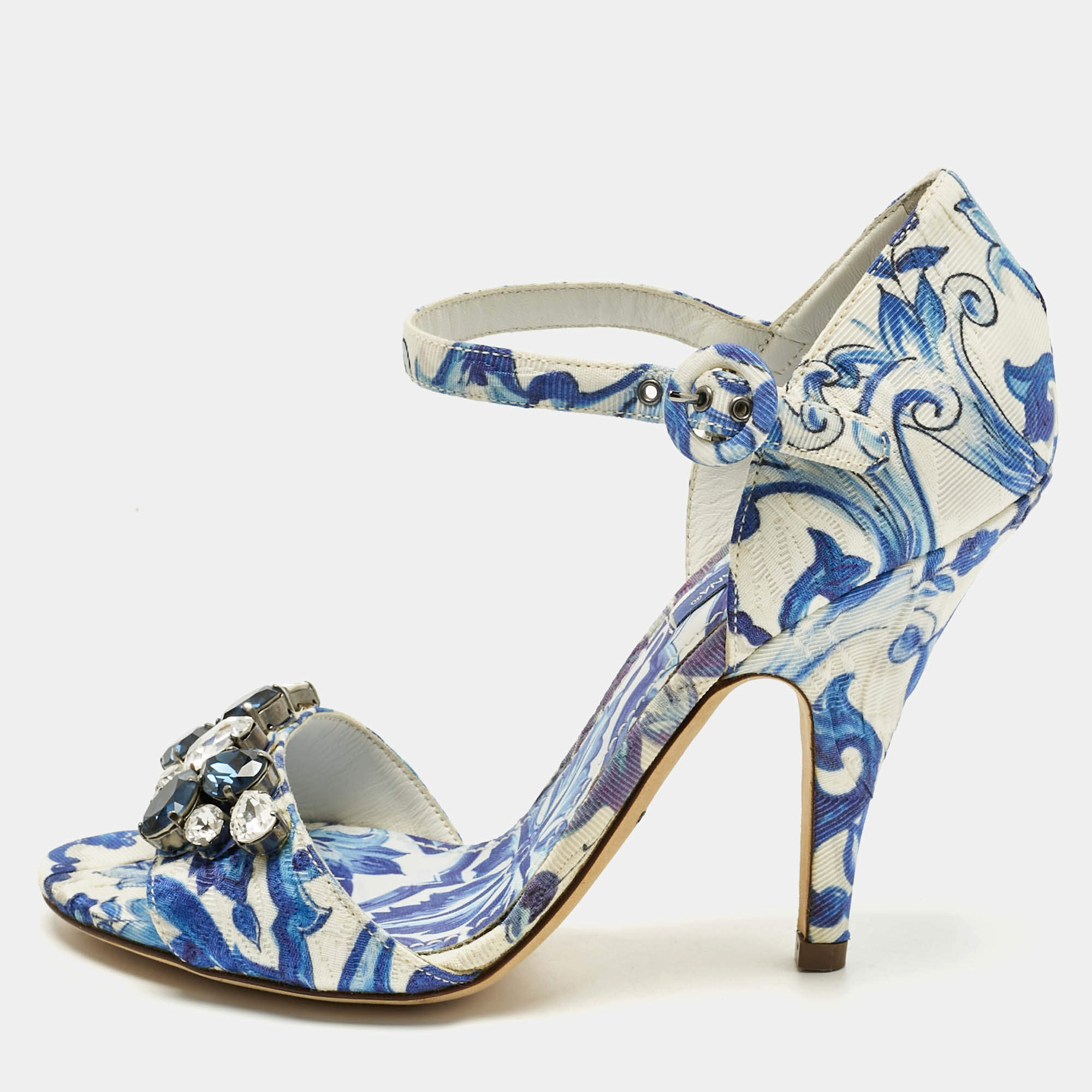 Pre Owned Dolce & Gabbana Blue Brocade Fabric Crystal Embellish Majolica Ankle Strap Sandals Size 36