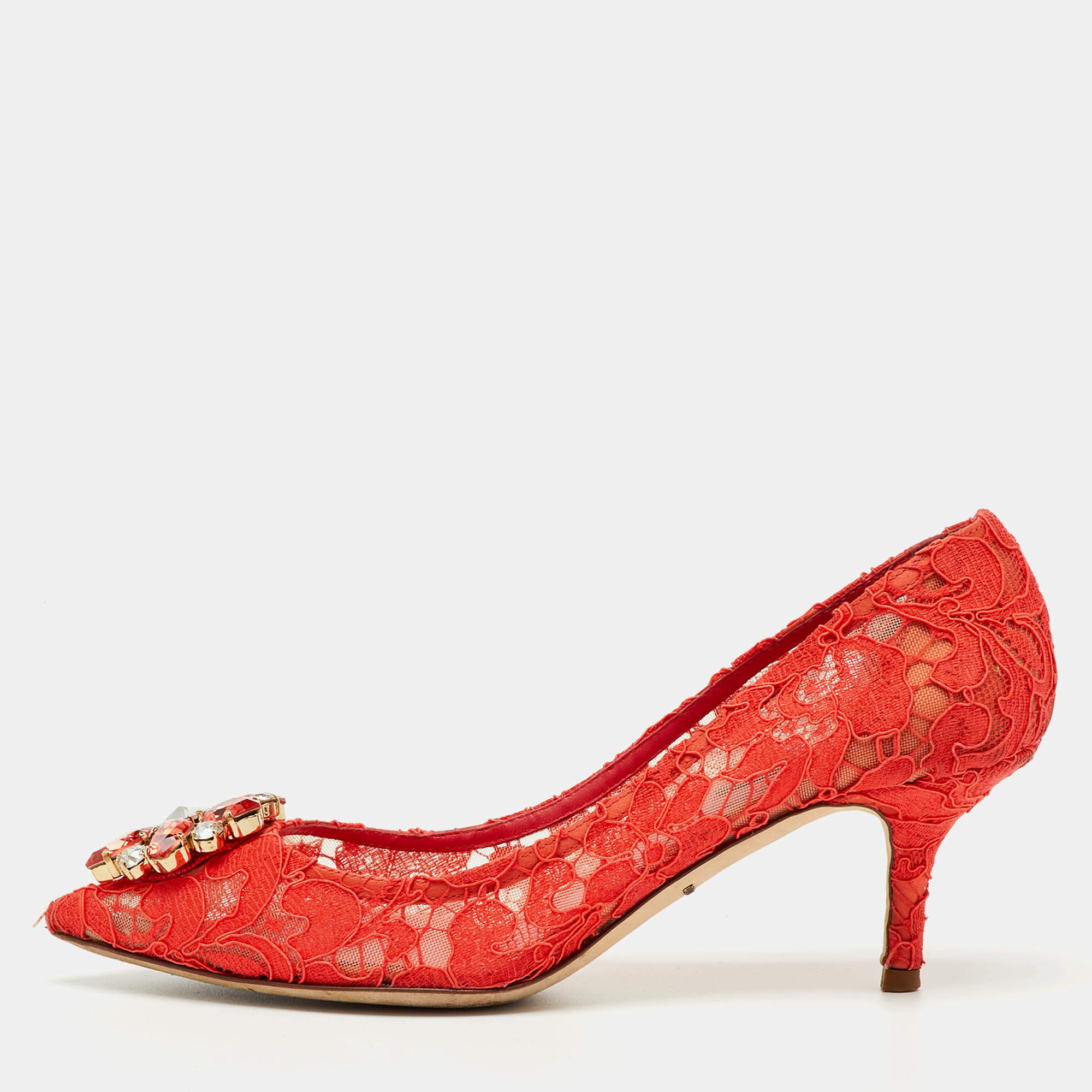 Pre Owned Dolce & Gabbana Orange Lace Crystal Embellished Bellucci Pumps Size 37.5