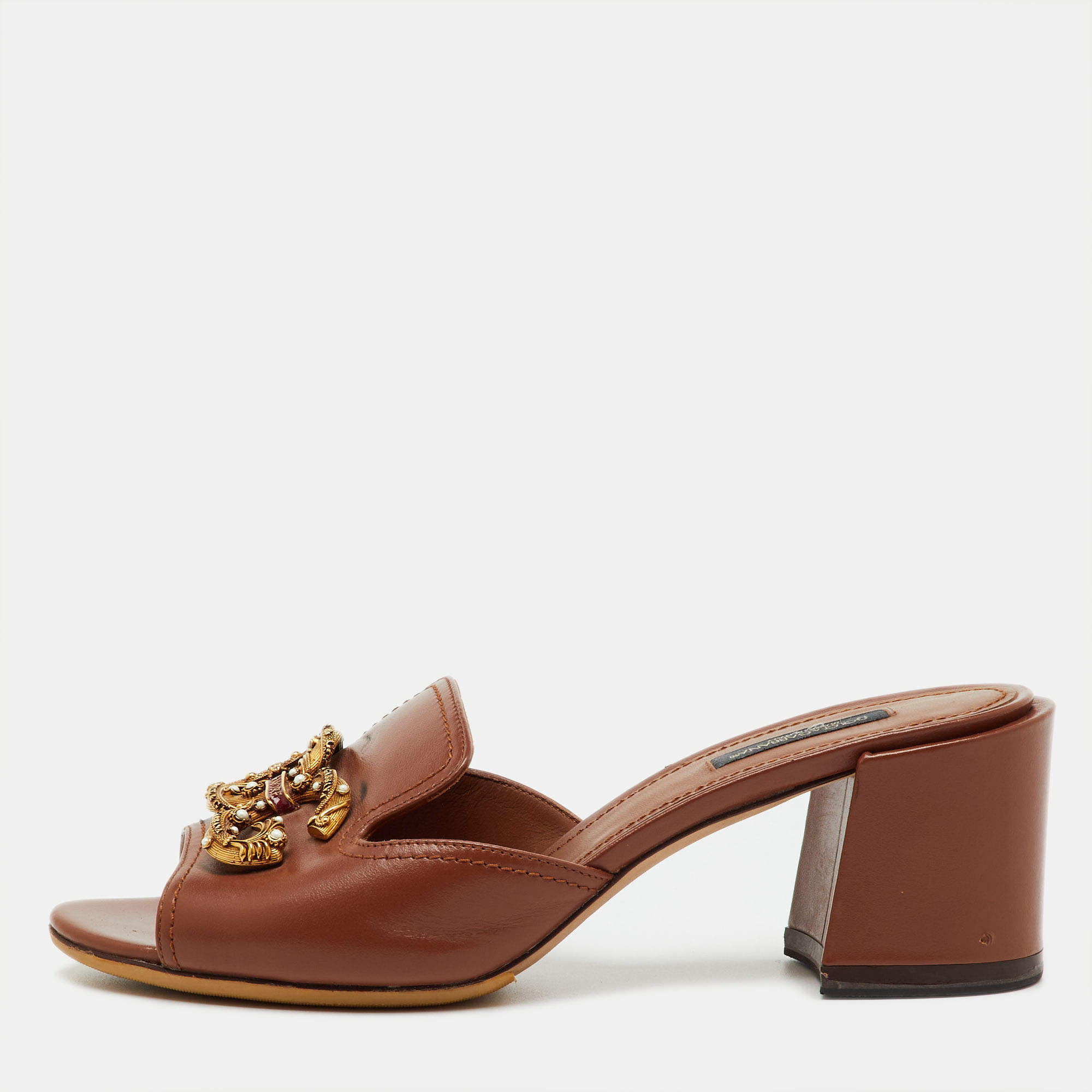 Pre Owned Dolce & Gabbana Brown Leather DG Amore Block Heel Slide Sandals Size 38