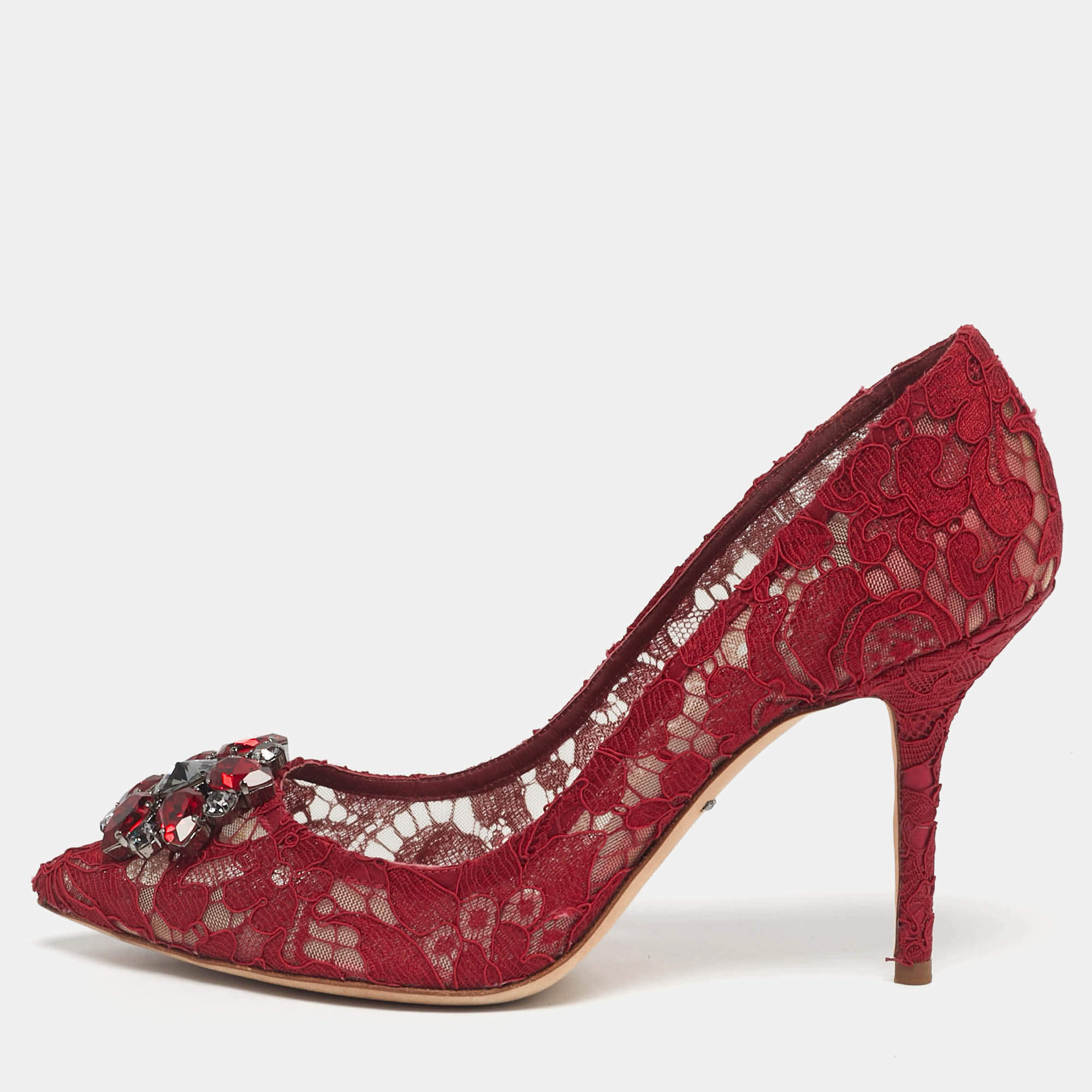Pre Owned Dolce & Gabbana Red Lace Crystal Embellished Bellucci Pointed Toe Pumps Size 40