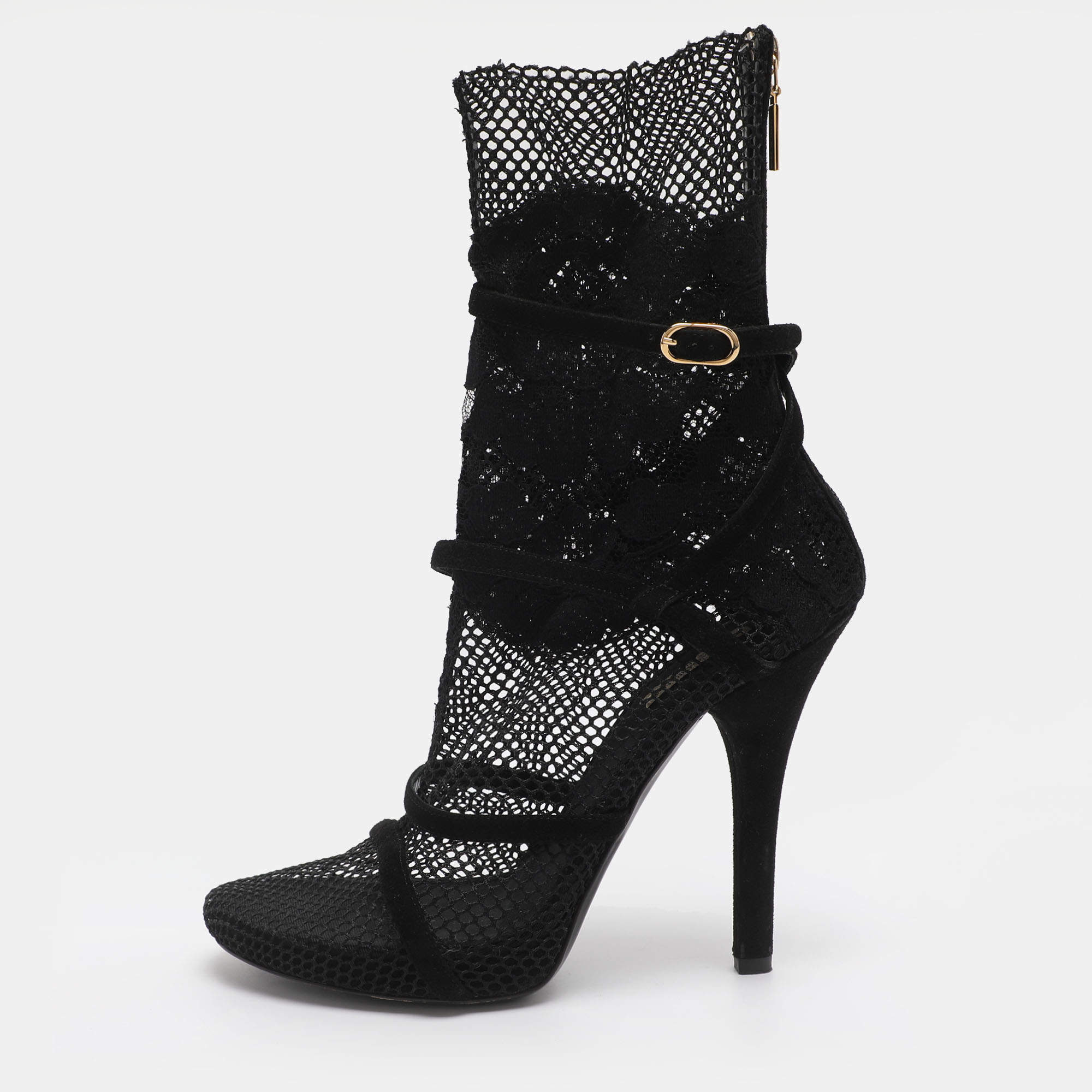 Pre Owned Dolce & Gabbana Black Lace and Mesh Mid Calf Boots Size 38.5