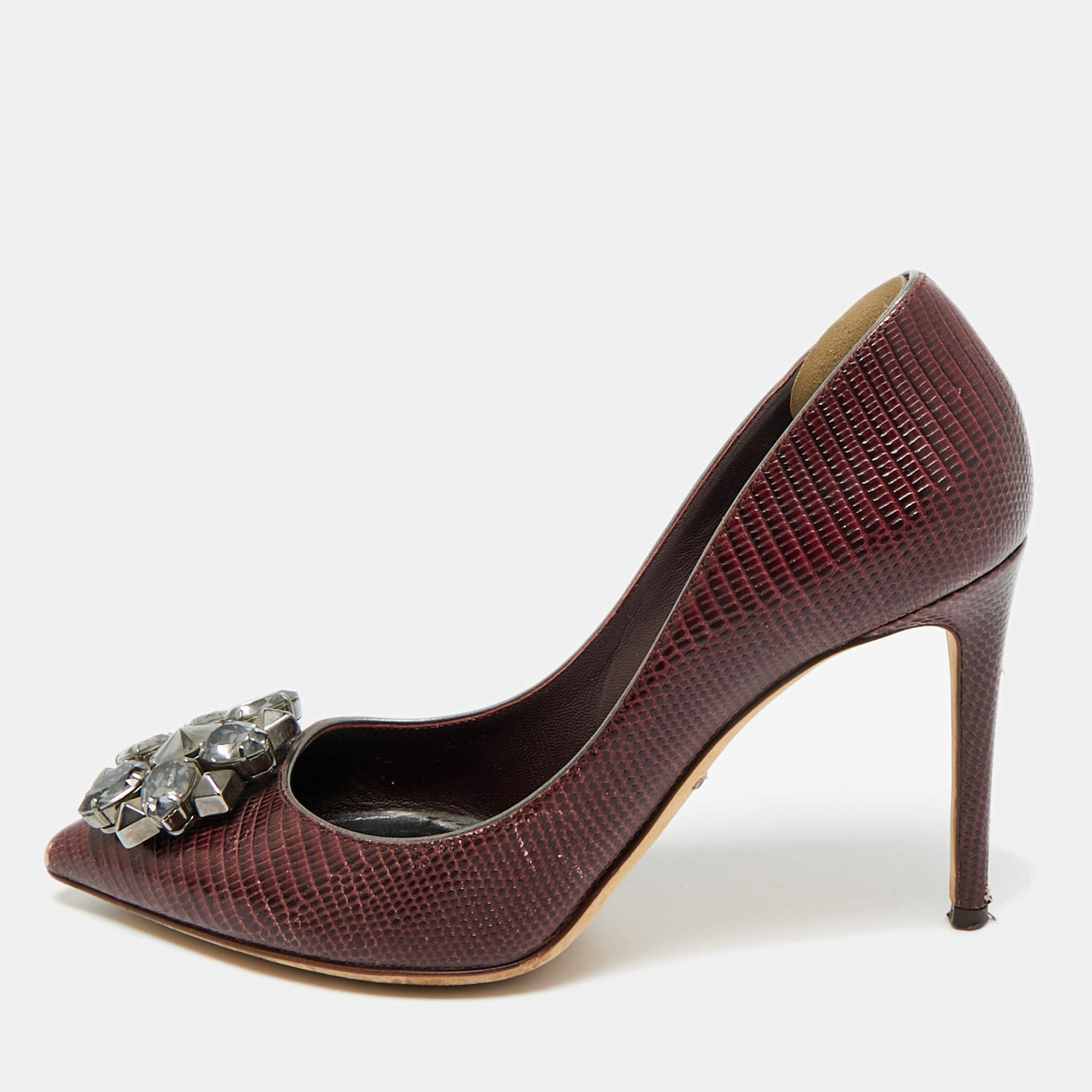 Pre Owned Dolce & Gabbana Burgundy Lizard Embossed Leather Bellucci Pumps Size 36