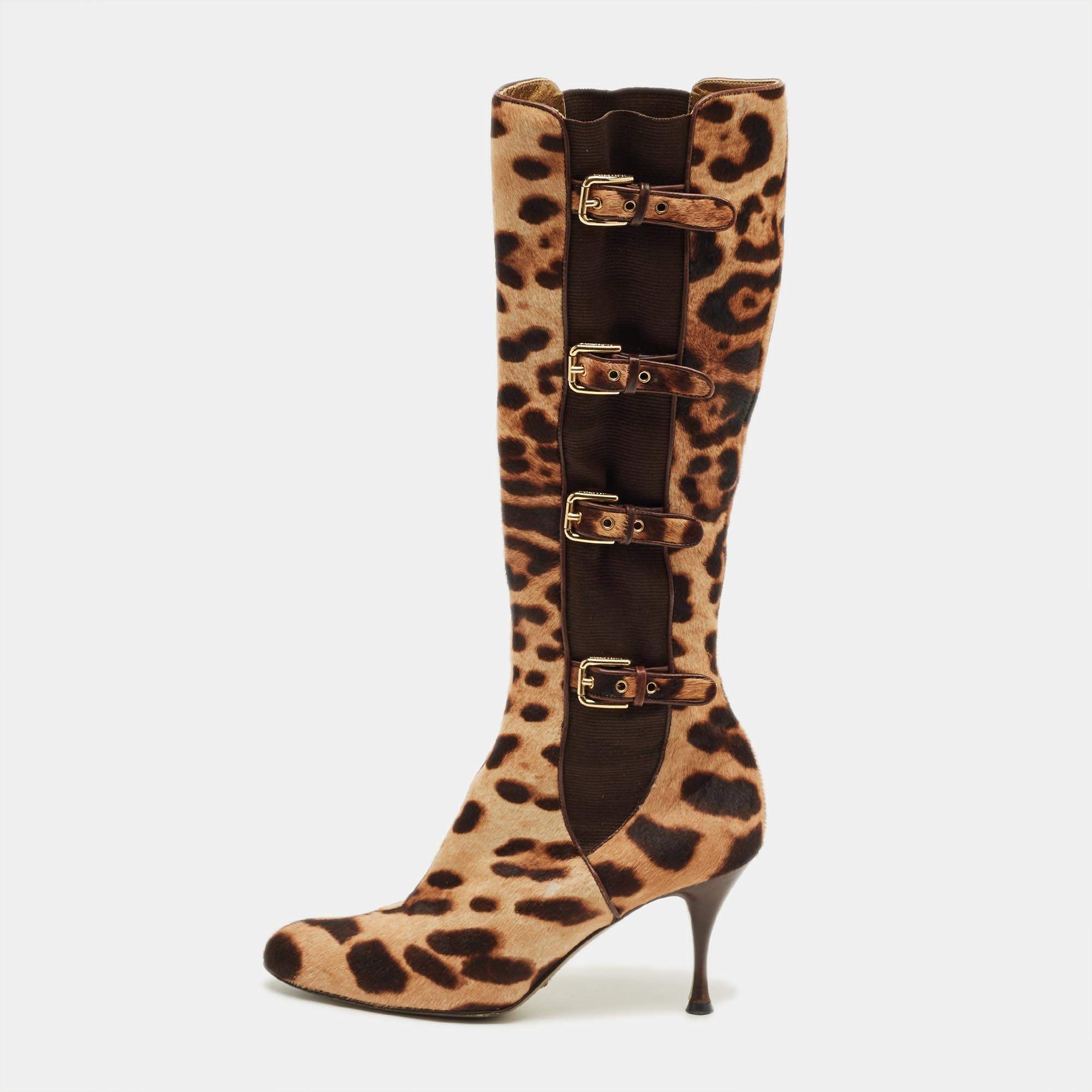 Pre Owned Dolce & Gabbana Brown Leopard Print Calf Hair Knee Length Boots Size 37