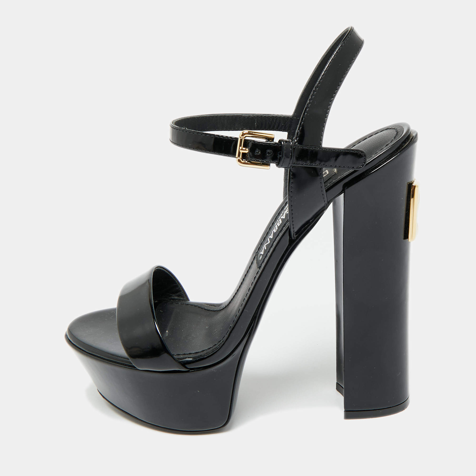 Pre Owned Dolce & Gabbana Black Patent Leather Ankle Strap Platform Sandals Size 38.5