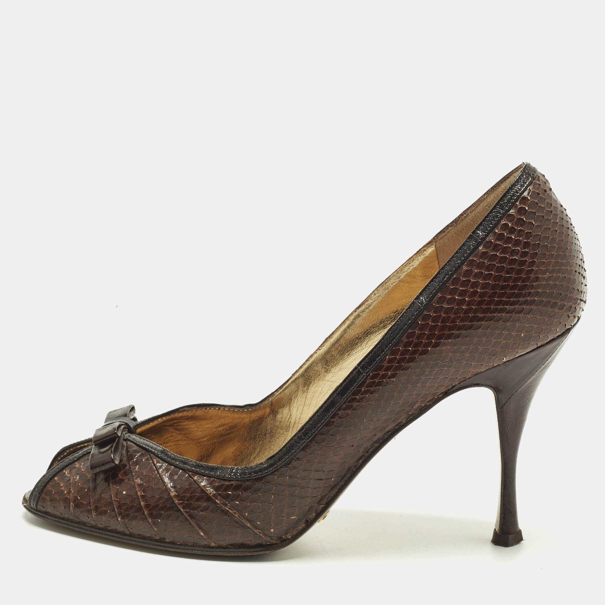Pre Owned Dolce & Gabbana Brown/Black Python and Leather Double Bow Peep Toe Pumps Size 38.5