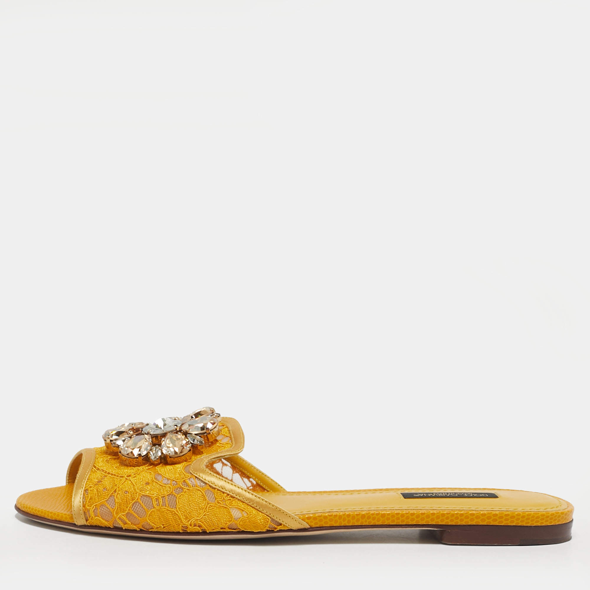 Pre Owned Dolce & Gabbana Yellow/Gold Lace and Satin Crystal Embellish Flat Slide Size 38