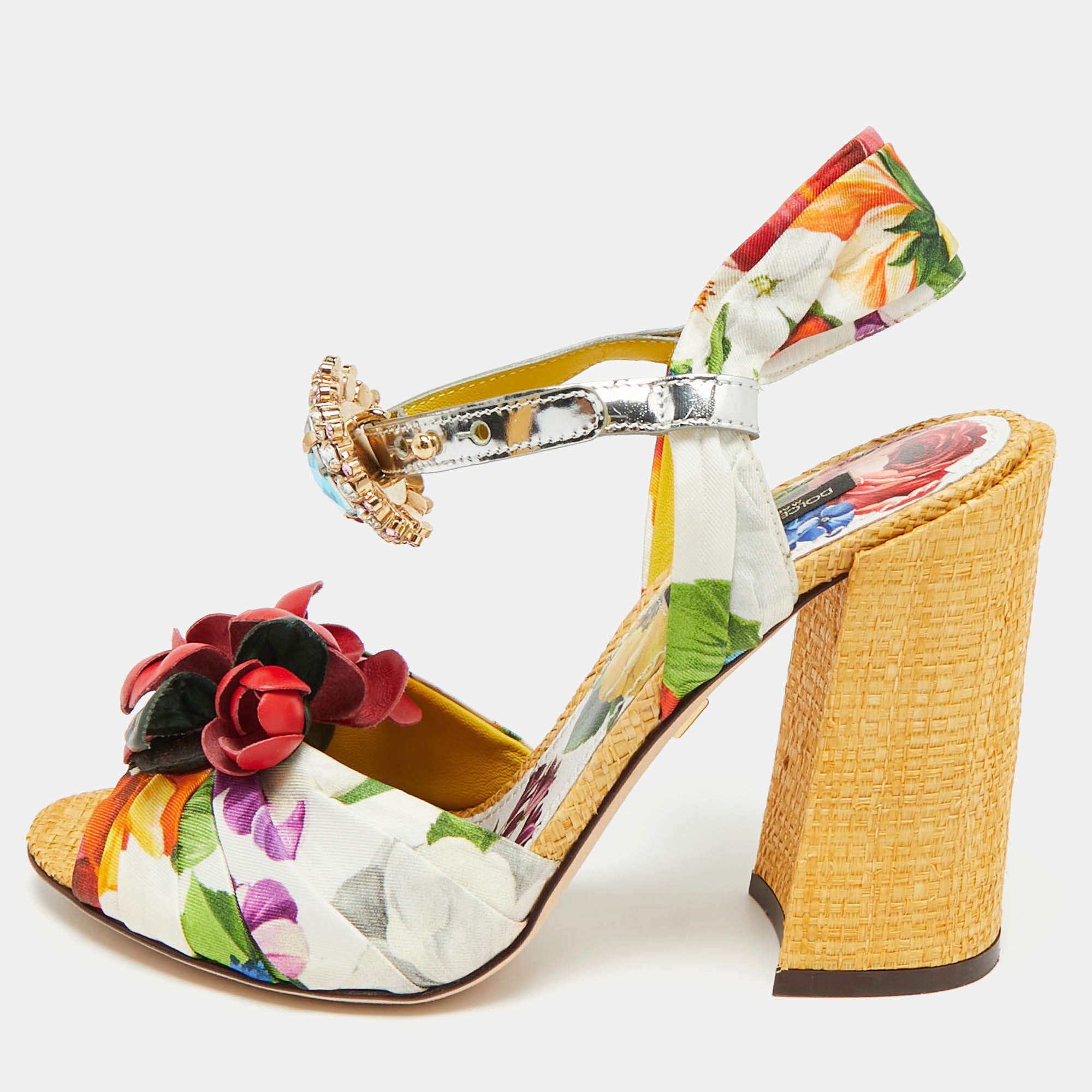 Pre Owned Dolce & Gabbana Crystal Embellished Size 37 Multicolor Floral Fabric and Raffia Ankle Strap Sandals