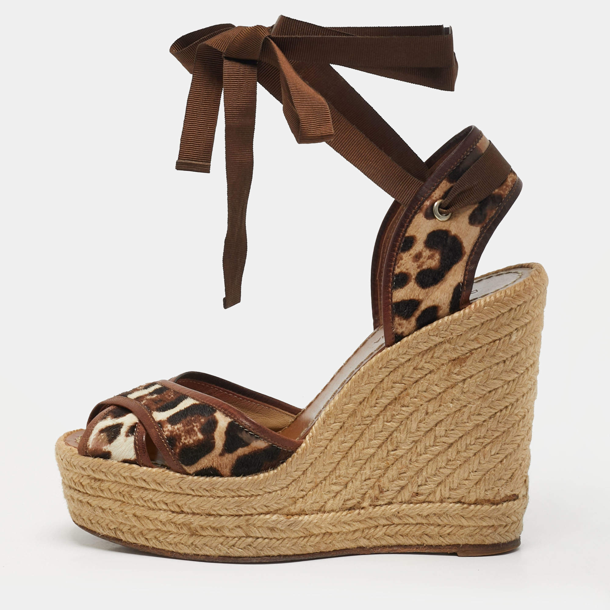 مملوكة مسبقًا إسبادريل كعب روكي دولتشي أند غابانا ملتف حول الكاحل جلد وشعر حصان نقش الفهد مقاس 38