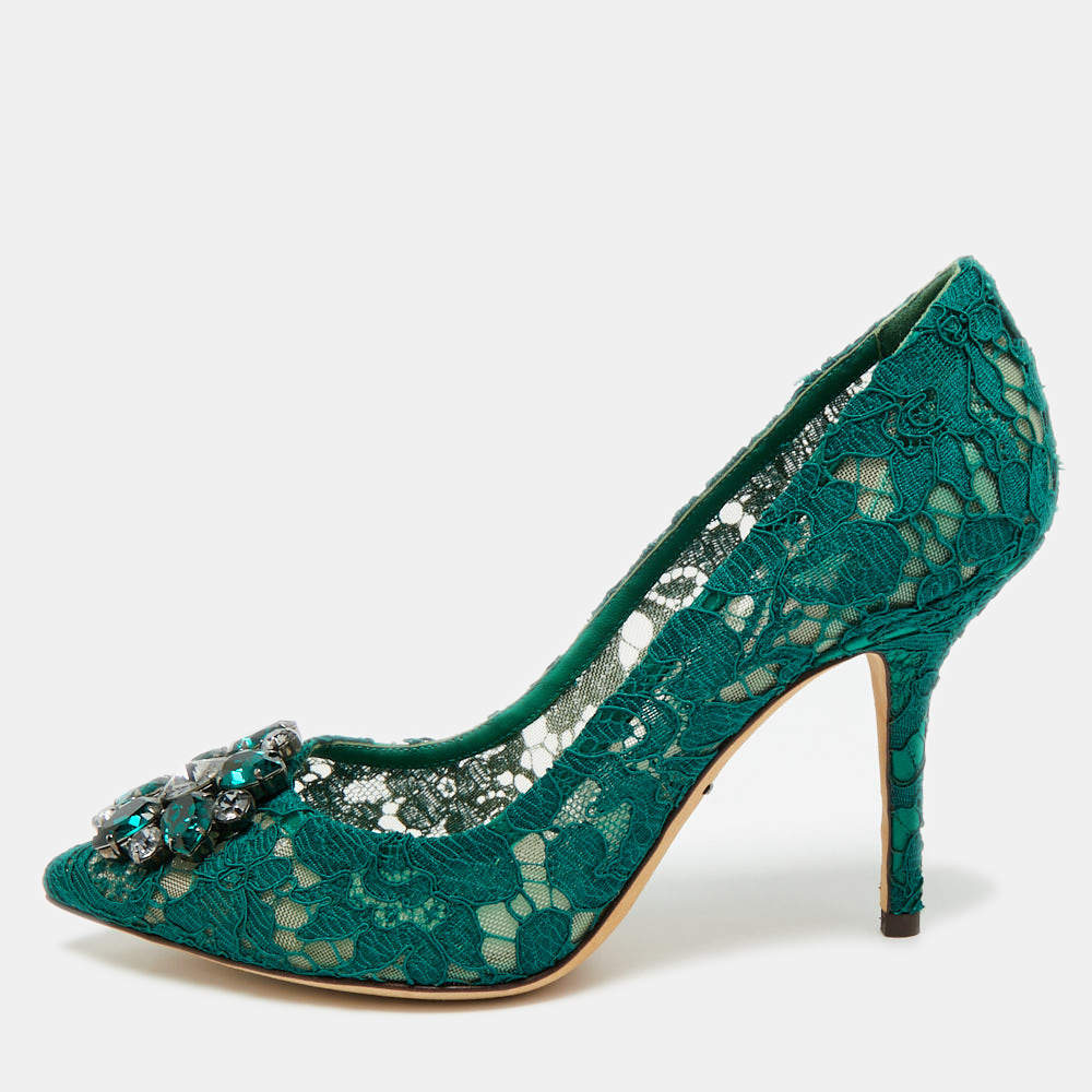 مملوكة مسبقًا Dolce & Gabbana Bellucci Size 38 Green  Lace and Mesh Pumps