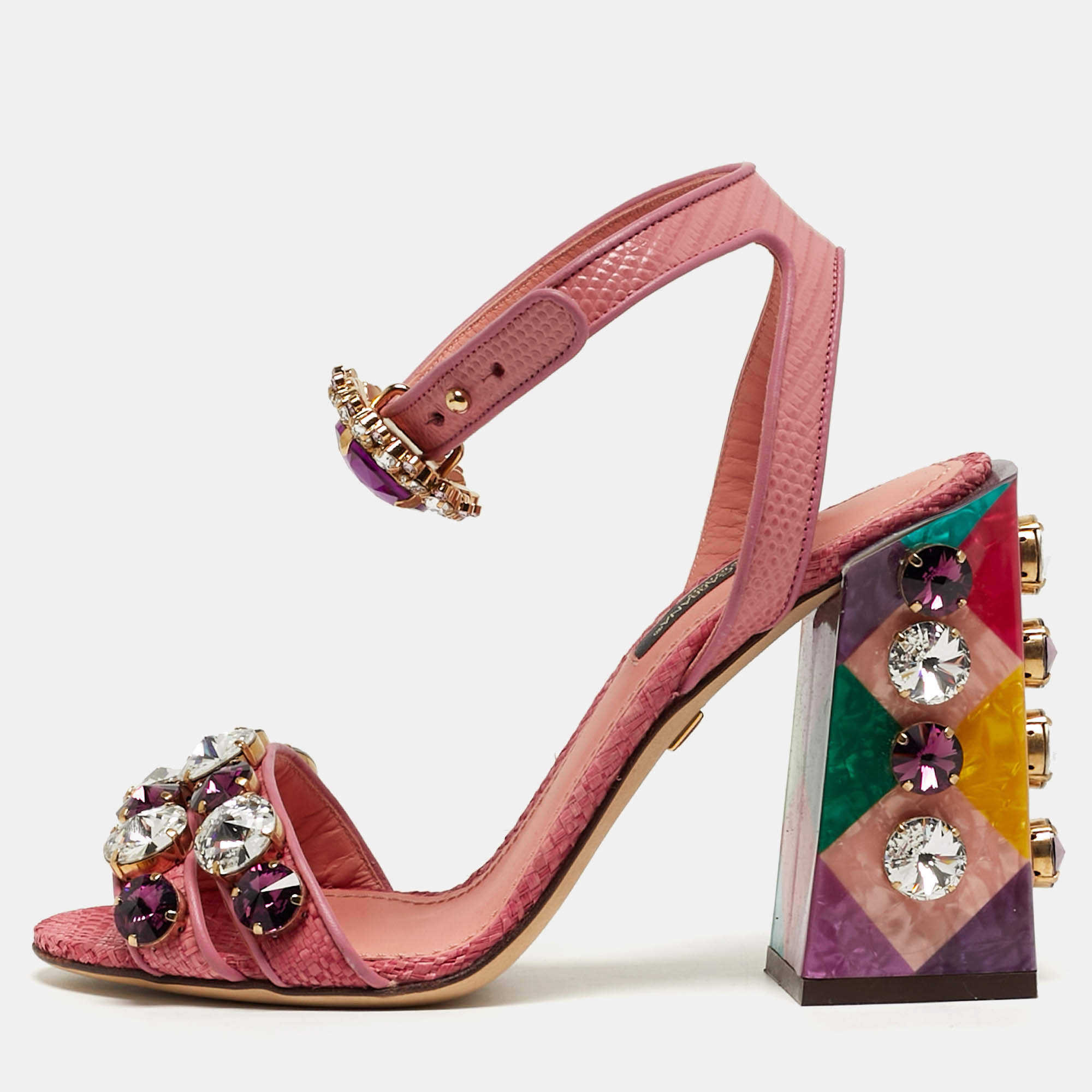 مملوكة مسبقًا Dolce & Gabbana Size 35 Pink Lizard Embossed Leather Ankle Strap Sandals