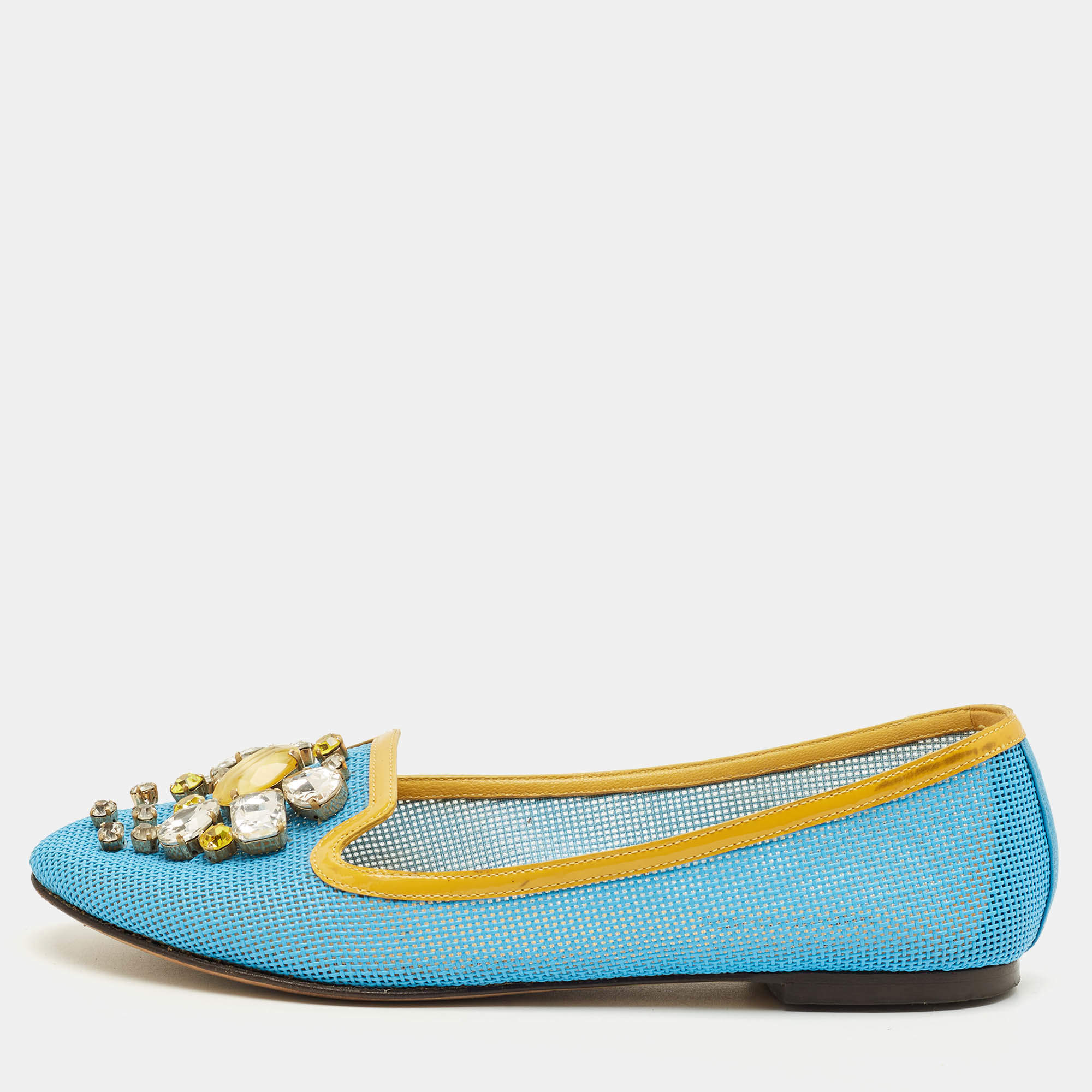 مملوكة مسبقًا Dolce & Gabbana Size 37 Blue/Yellow Patent Leather and Woven Leather Ballet Flats