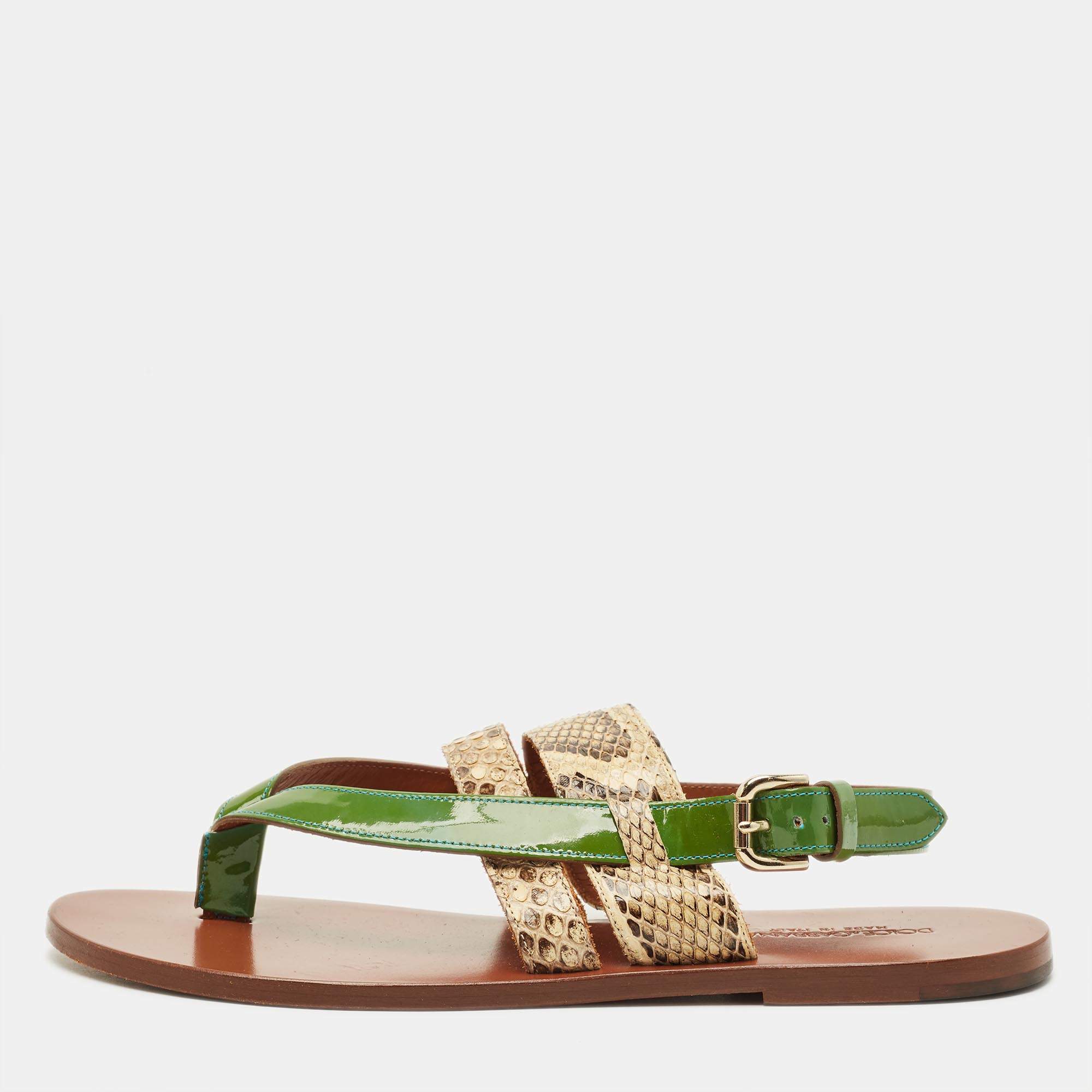 Pre Owned Dolce & Gabbana Anica Size 39.5 Green/Beige Patent Leather and Python Leather Thong Slingback