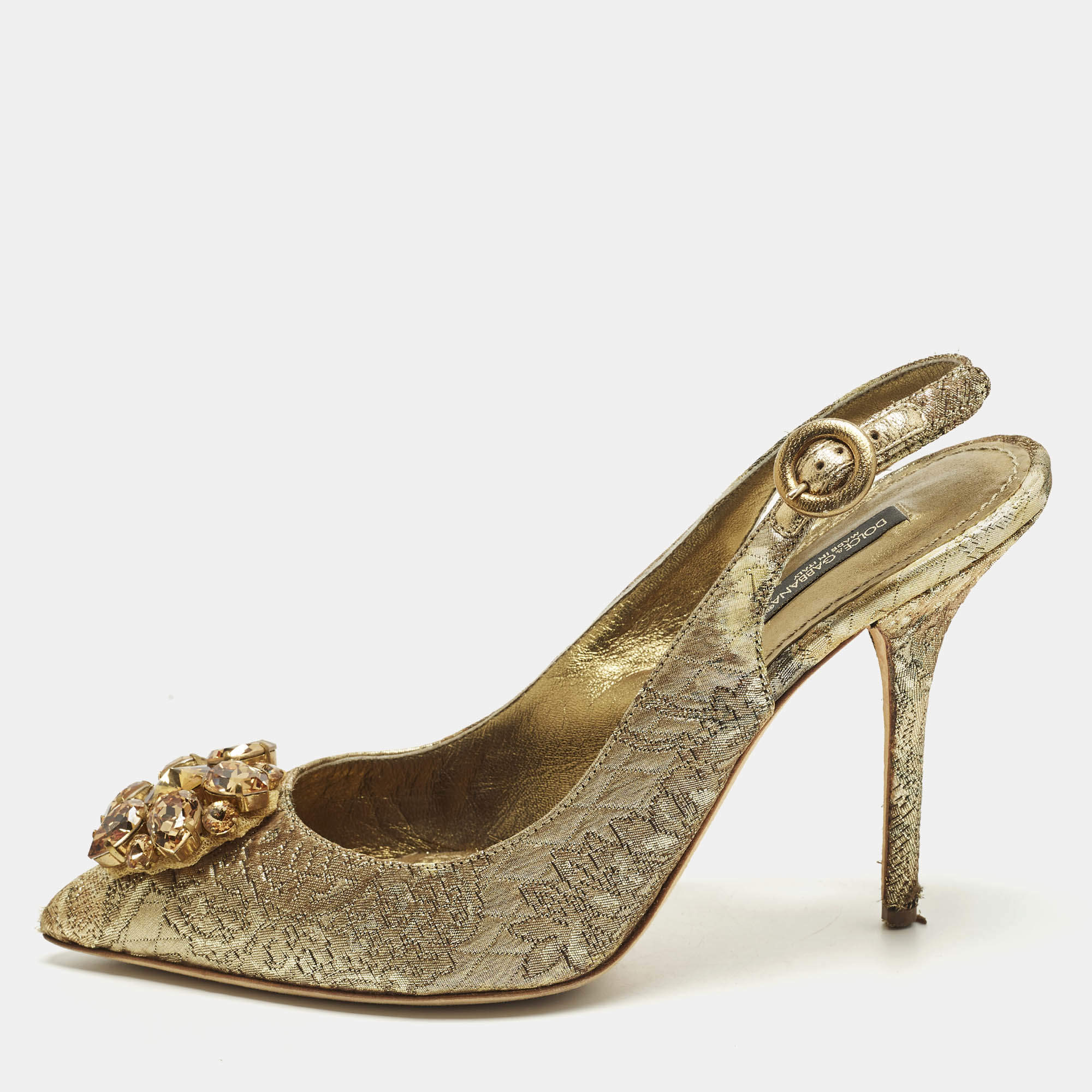 Pre Owned Dolce & Gabbana Size 40 Gold Brocade Fabric Crystal Embellished Pumps