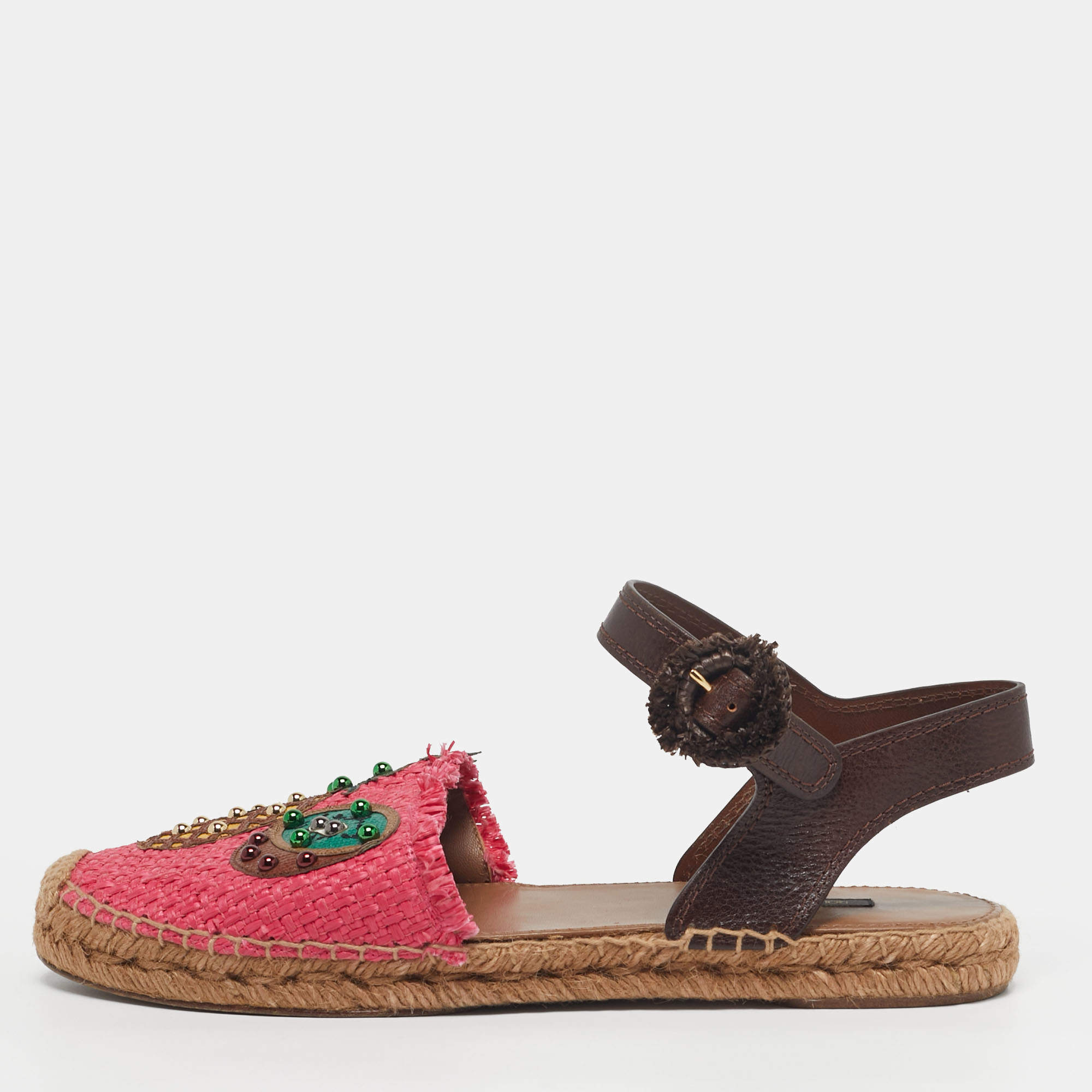 مملوكة مسبقًا Dolce & Gabbana Size 41 Brown/Red Raffia and Leather Pineapple Kiwi Patch Espadrille Sandals 