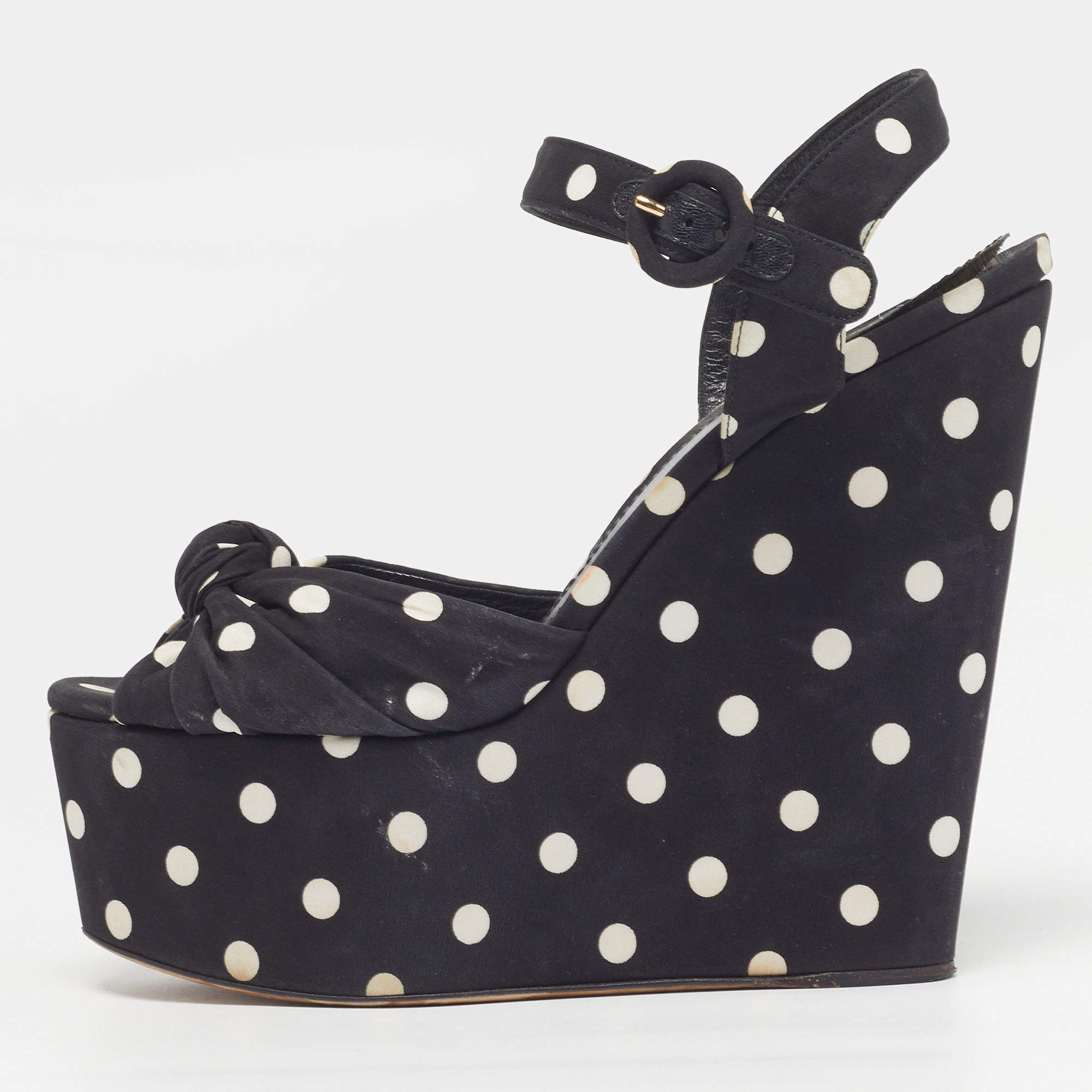 Pre Owned Dolce & Gabbana Polka Dot Size 41 Black Fabric Ankle Strap Platform Wedge Sandals