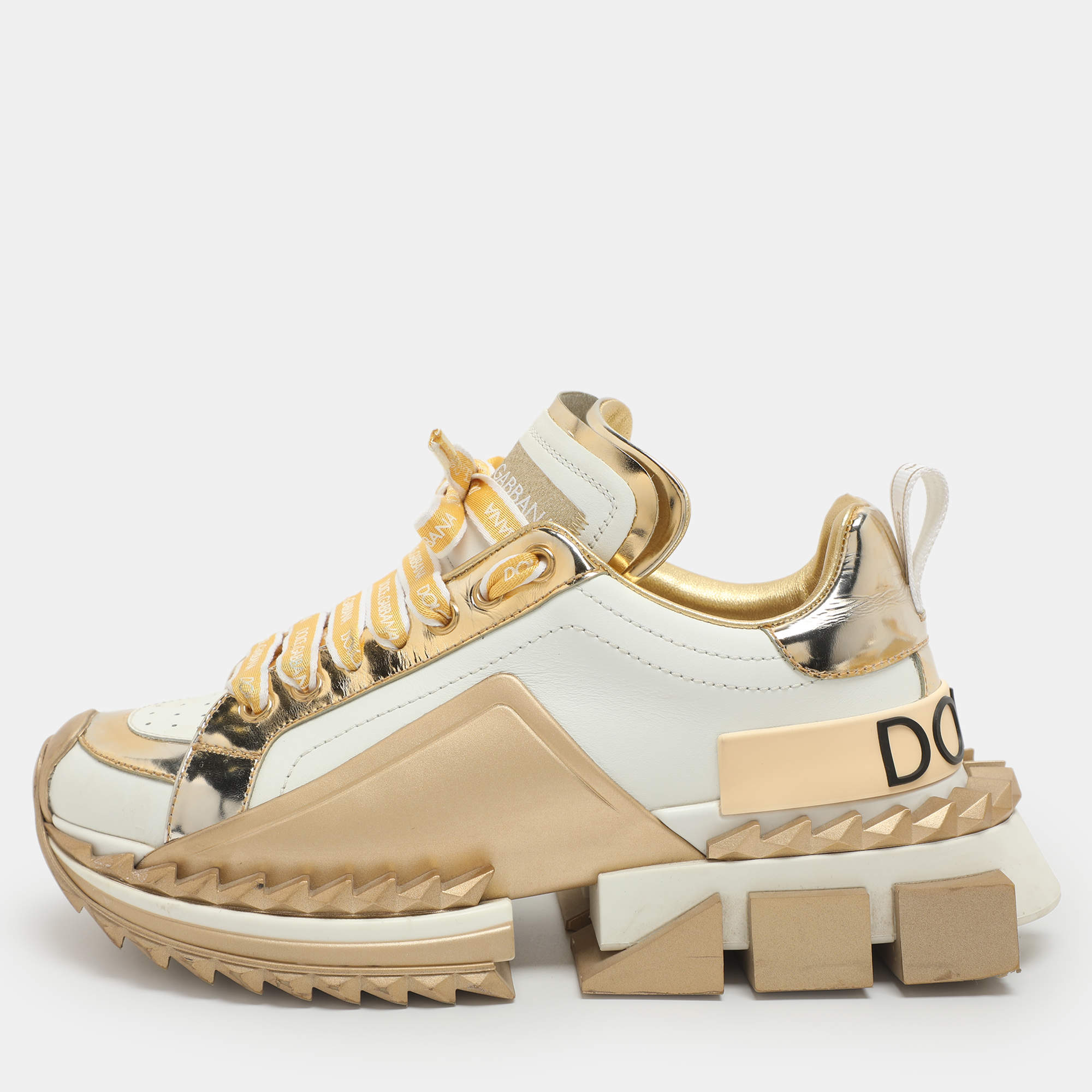 Pre Owned Dolce & Gabbana Super King Size 38.5 White/Gold Leather Low Top Sneakers