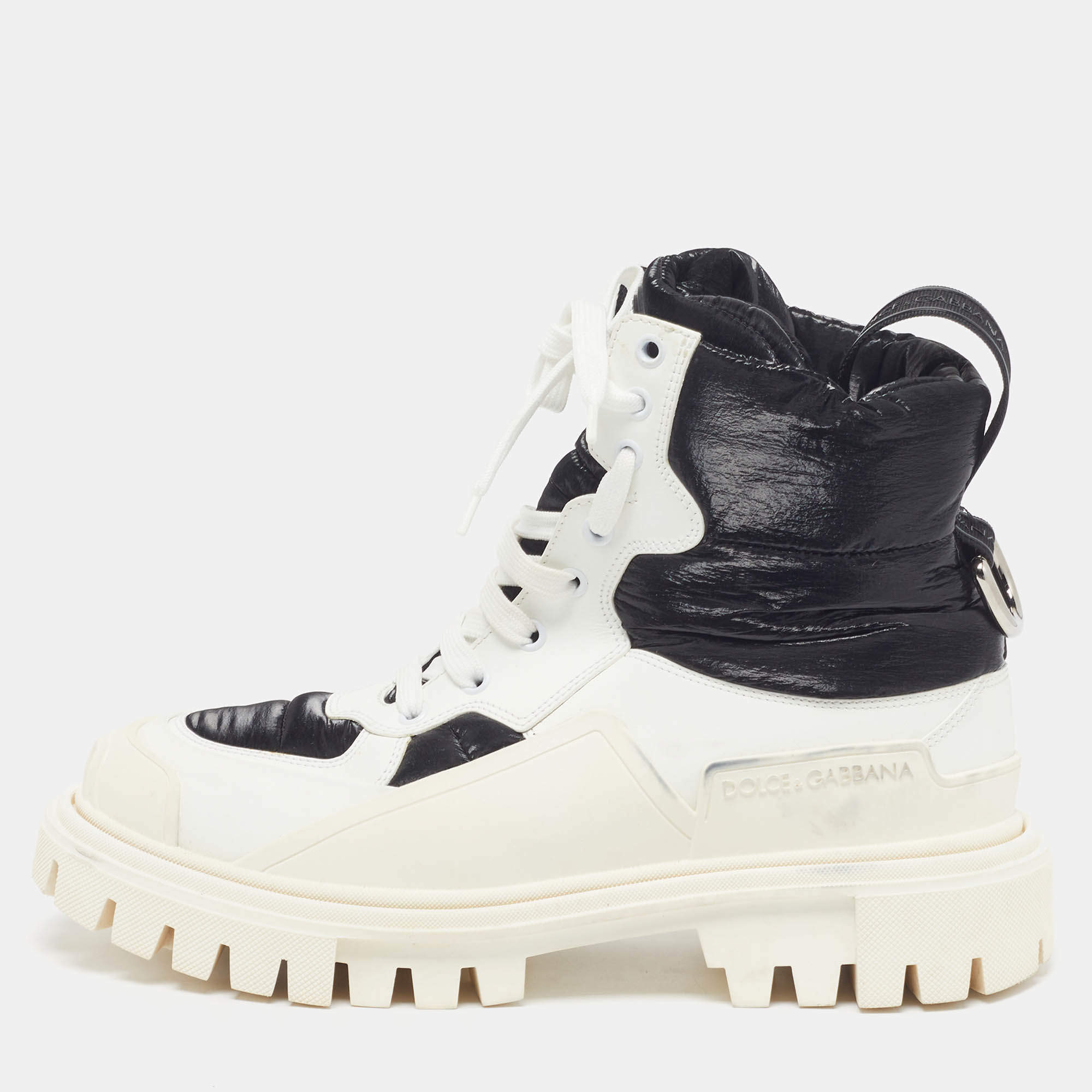 Pre Owned Dolce & Gabbana Size 40 White/Black Leather and Nylon Combat Boots