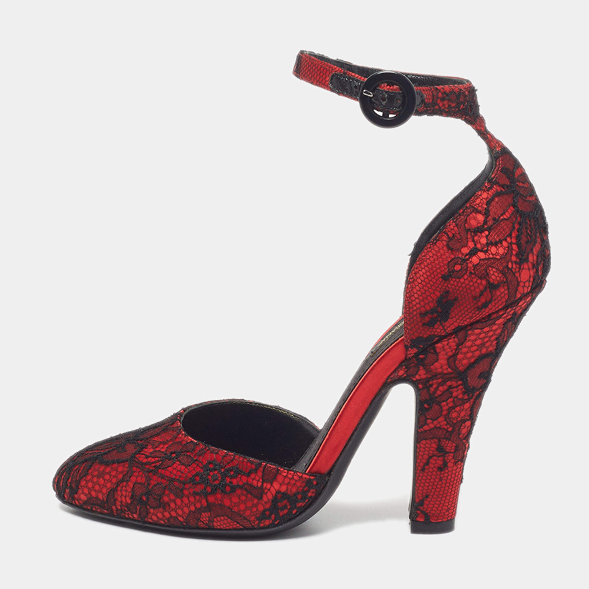 Pre Owned Dolce & Gabbana Size 37 Red Lace Ankle Strap Sandals