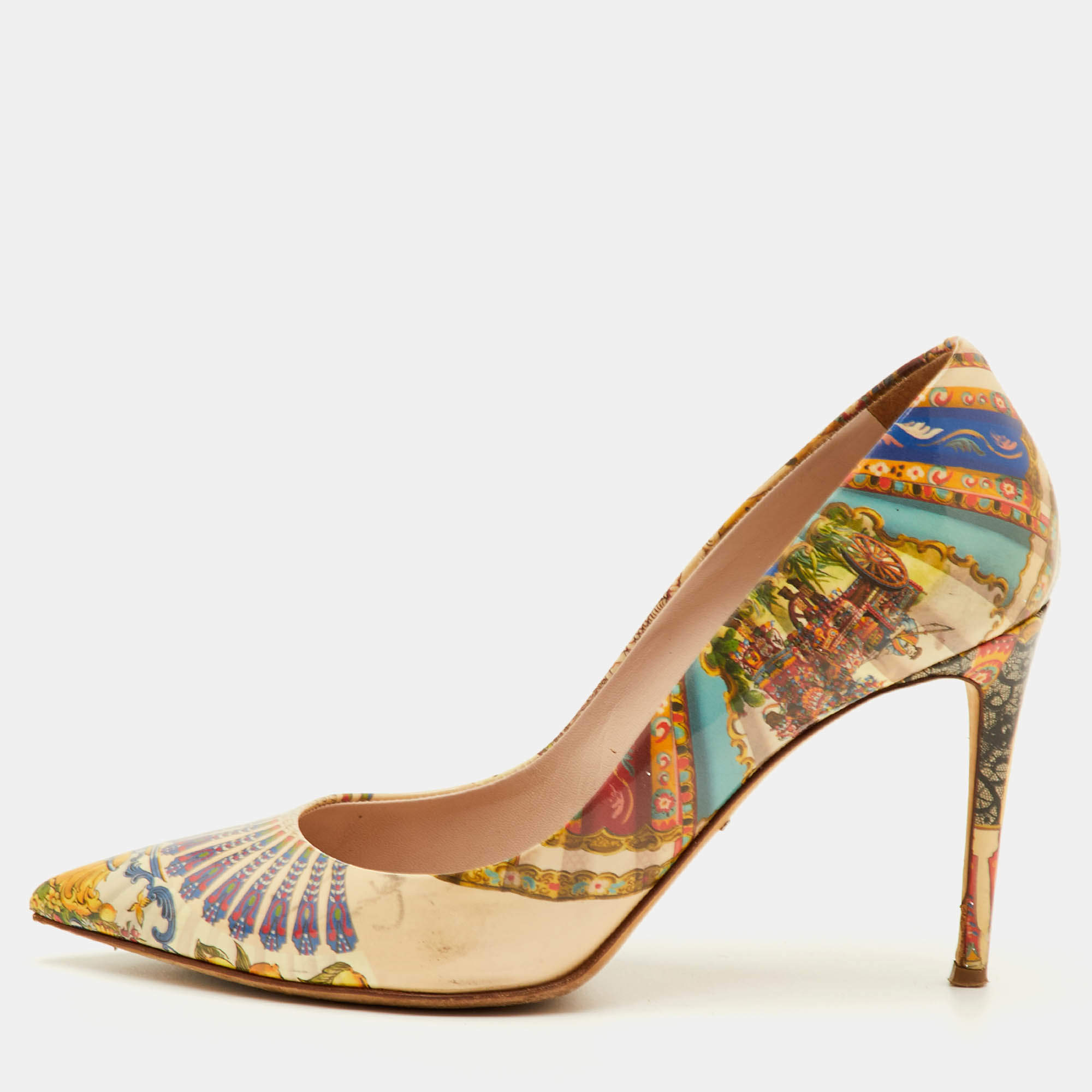 Pre Owned Dolce & Gabbana Size 39 Multicolor Printed Patent Leather Pointed Toe Pumps