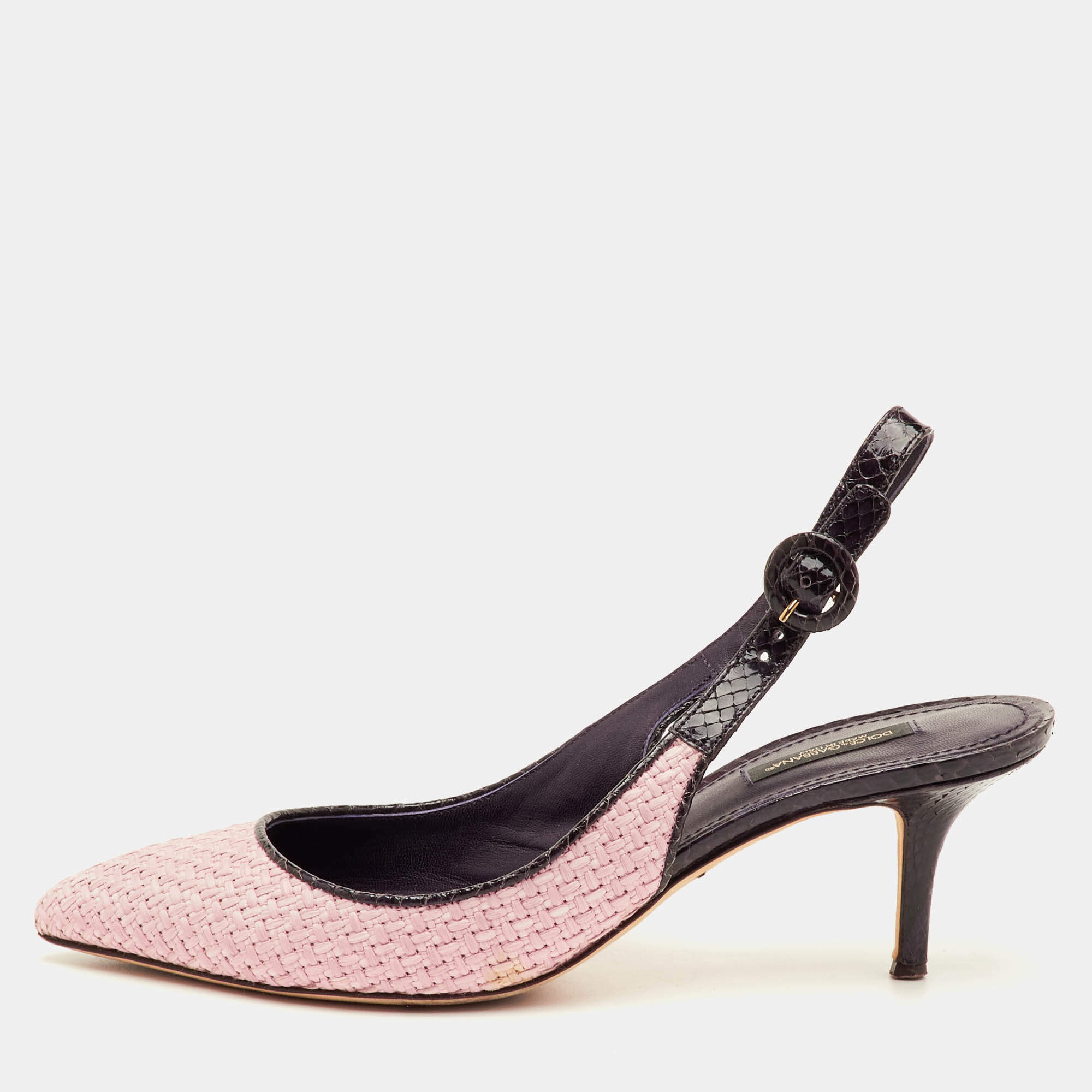 مملوكة مسبقًا Dolce & Gabbana Size 40 Pink/Purple Woven Raffia and Snakeskin Print Leather Slingback Sandals