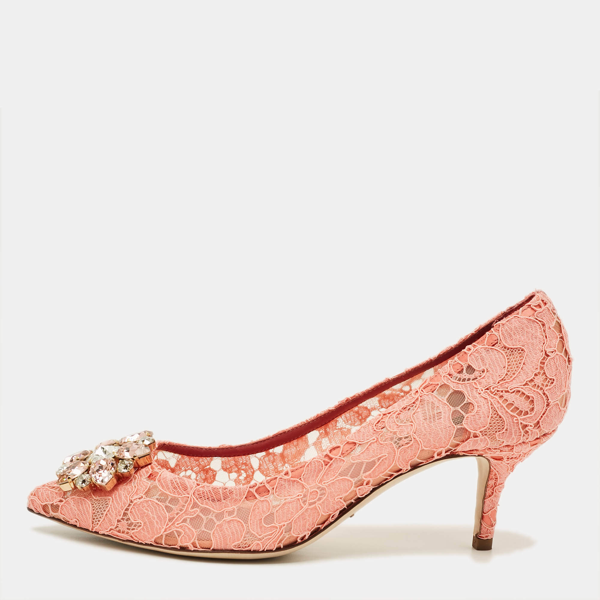Pre Owned Dolce & Gabbana Bellucci Size 38 Pink Lace and Mesh Pumps