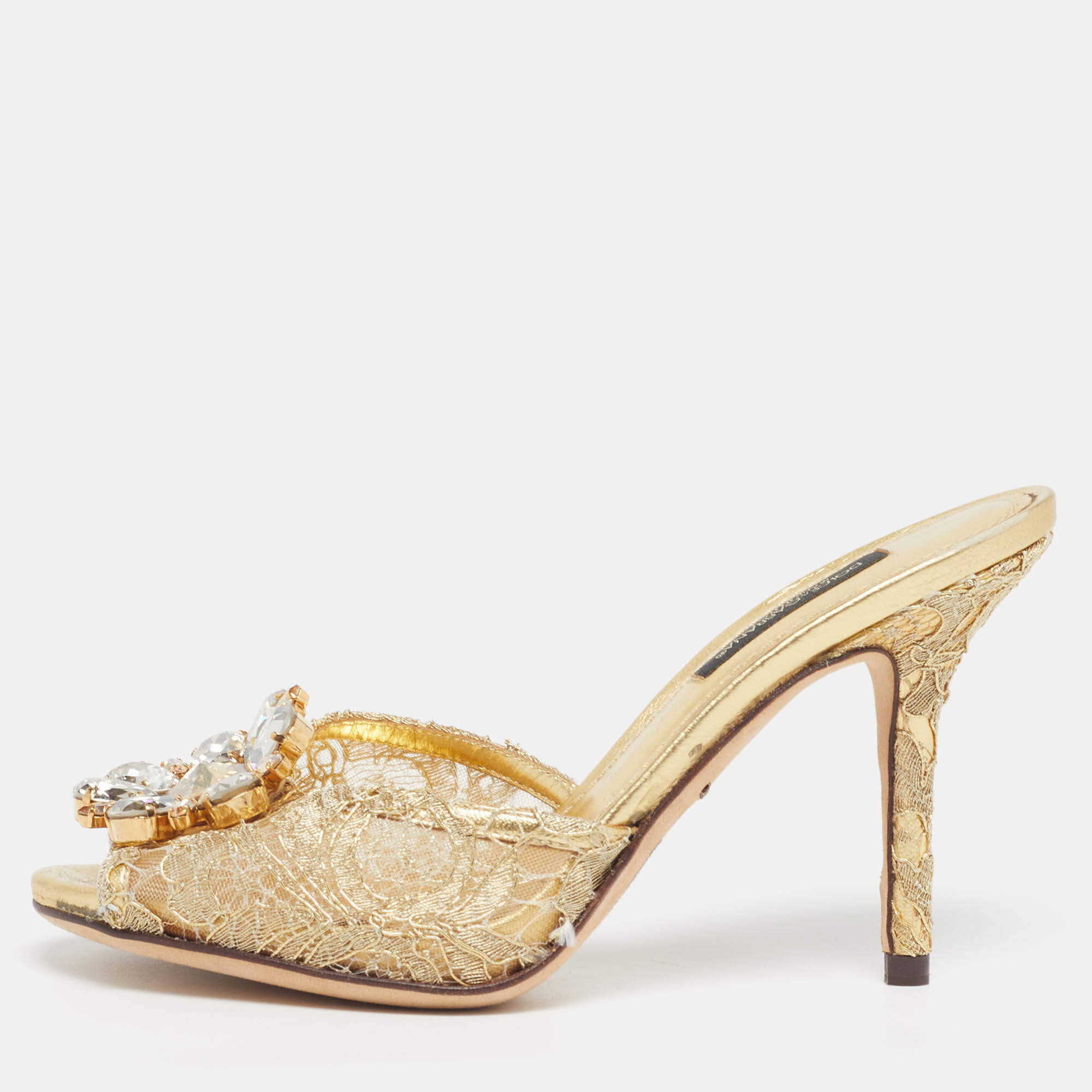 Pre Owned Dolce & Gabbana Keira Size 35 Gold Lace and Mesh Crystal Embellished Slide Sandals