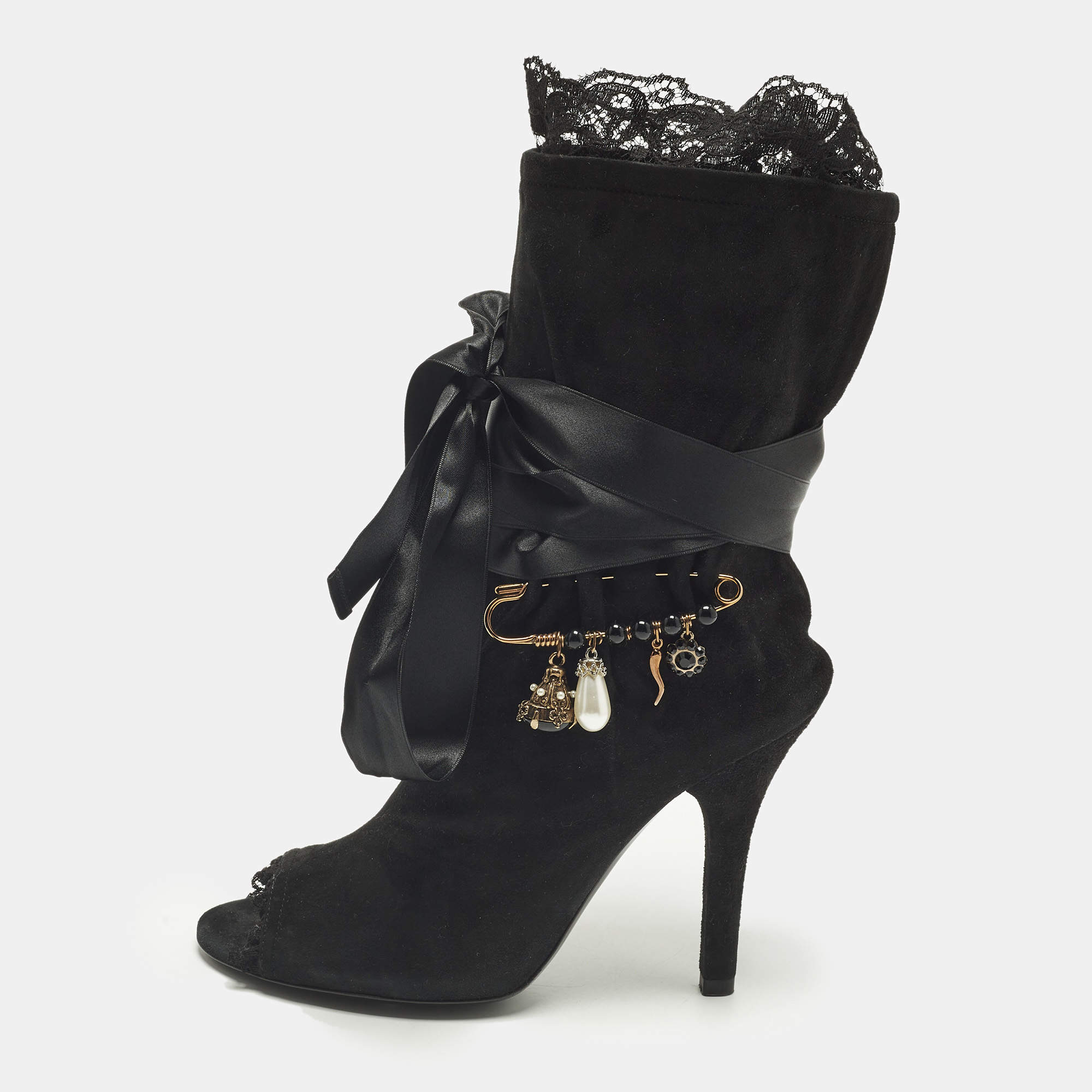 Pre Owned Dolce and Gabbana Size 36.5 Black Suede Charm Tie Around Peep Toe Ankle Boots 
