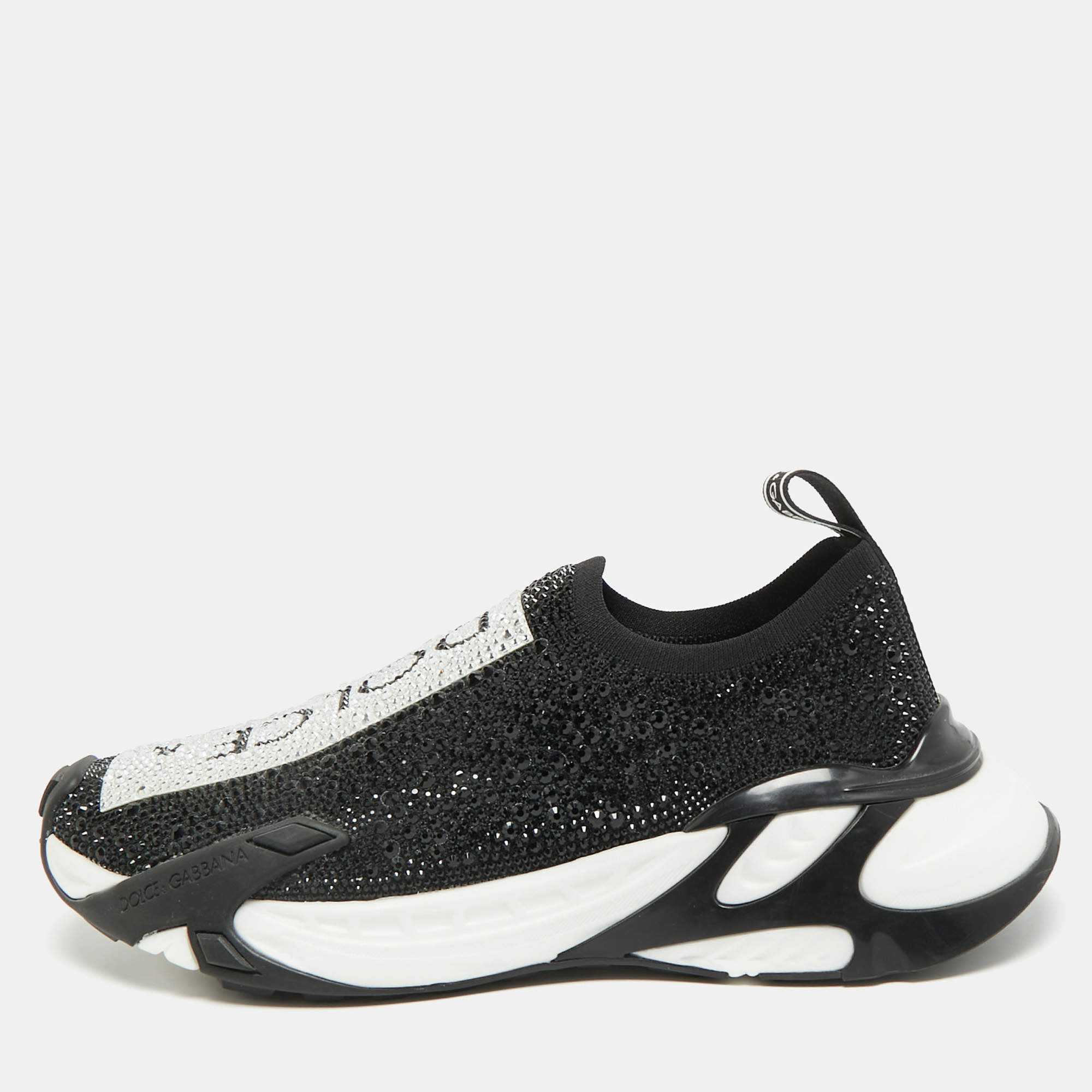 مملوكة مسبقًا Dolce & Gabbana Sorrento Size 39 Black Knit Fabric Crystal Embellished Slip On Sneakers