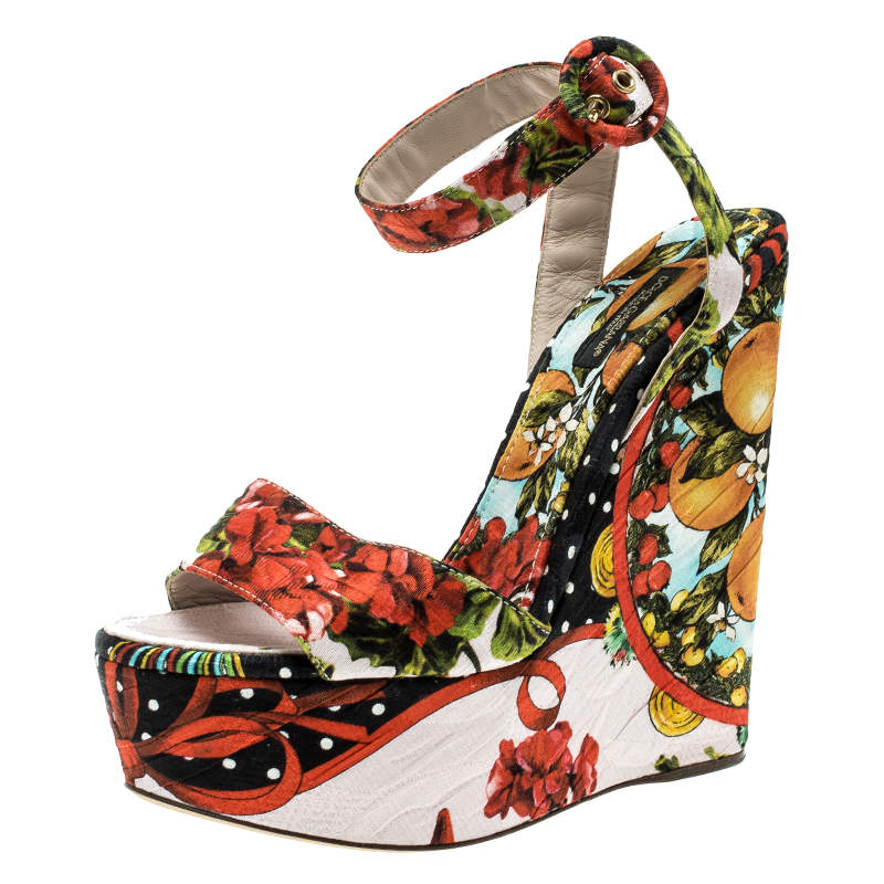 مملوكة مسبقًا Dolce & Gabbana Multicolor Printed Brocade Peep Toe Ankle Wrap Wedge Sandals Size 39.5