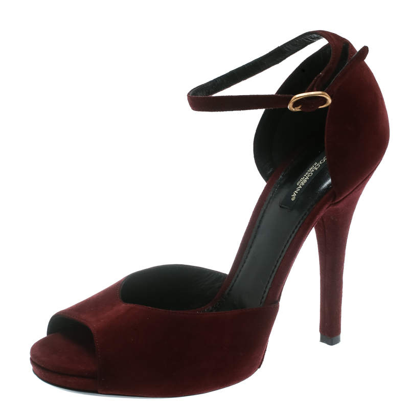 Pre Owned Dolce & Gabbana Red Suede Keira Ankle Strap Peep Toe Sandals Size 39