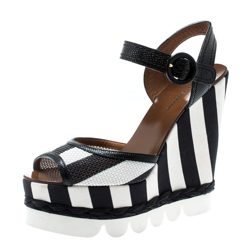 مملوكة مسبقًا Dolce & Gabbana Monochrome Leather And Lizard Embossed Leather Ankle Strap Platform Wedge Sandals Size 39