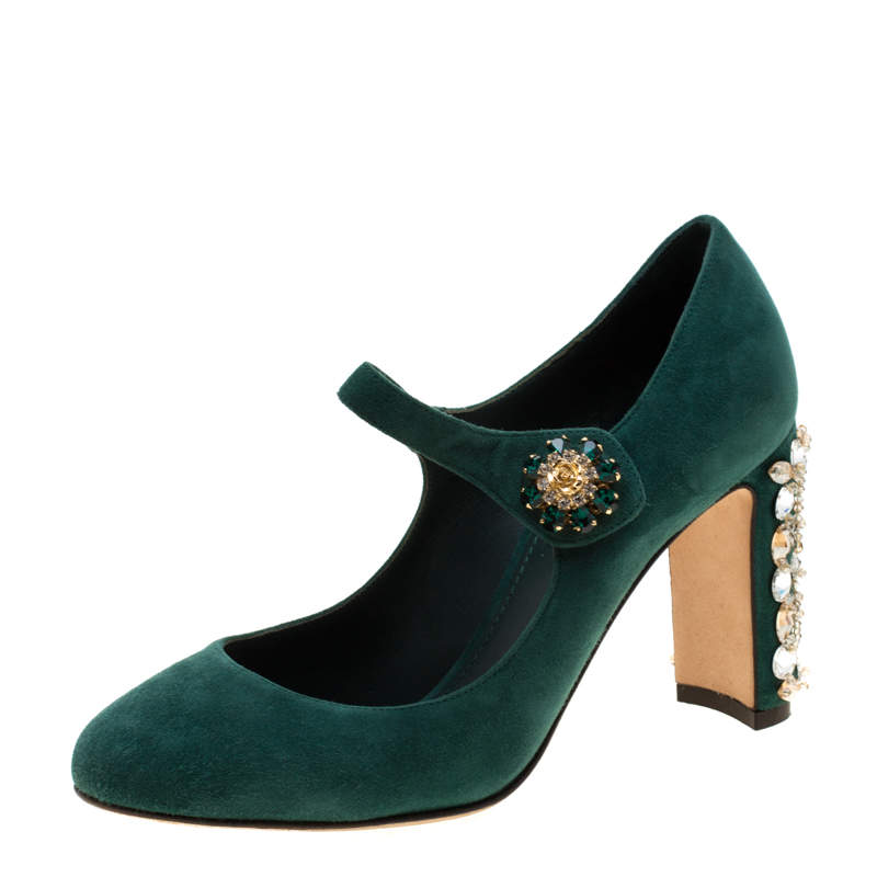 Pre Owned Dolce & Gabbana Green Suede Crystal Embellished Mary Jane Pumps Size 36
