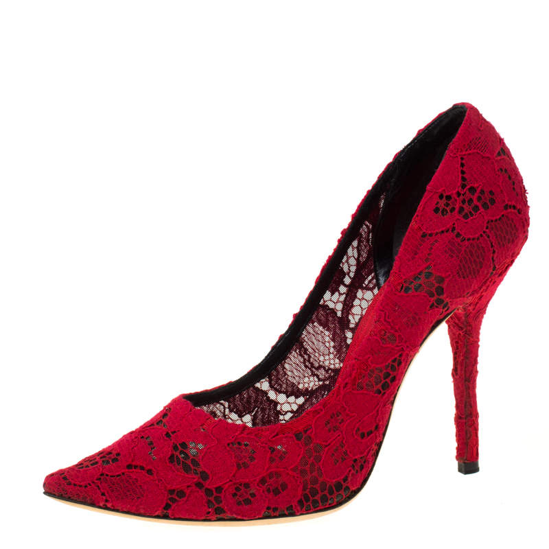 Gabbana Red Lace Pointed Toe Pumps 