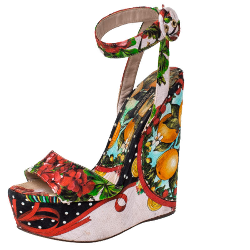 Pre Owned Dolce & Gabbana Multicolor Floral Printed Fabric Foulard Platform Wedge Sandals Size 38
