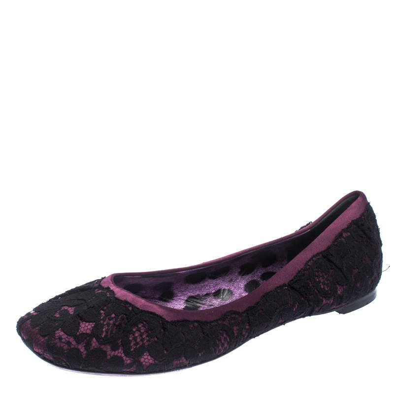Dolce & Gabbana Black/Purple Lace and Satin Ballet Flats Size 39