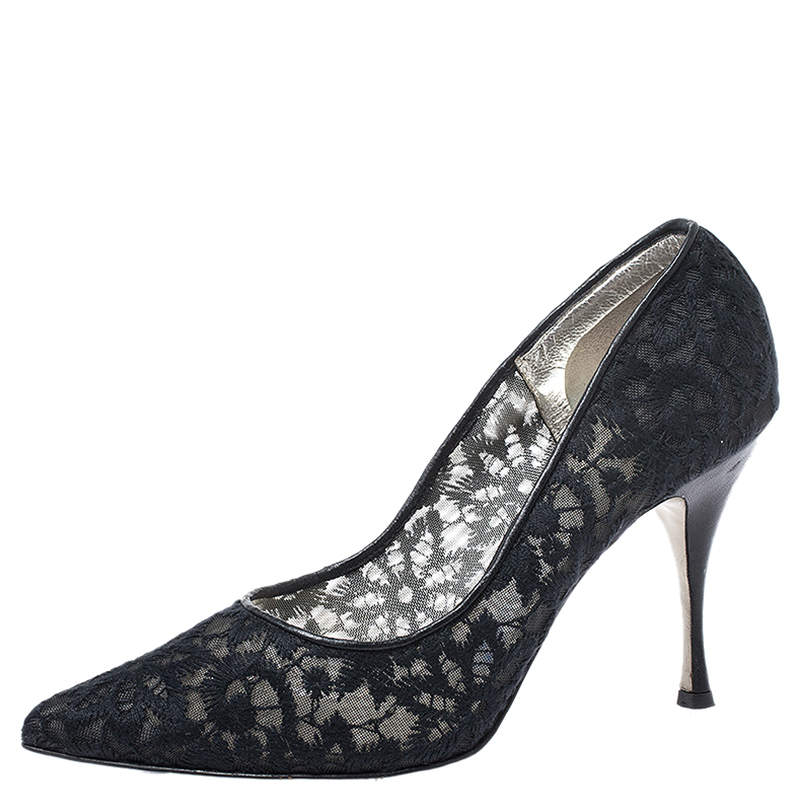 Dolce & Gabbana Black Embroidered Mesh And Leather Trim Pointed Toe Pumps Size 40