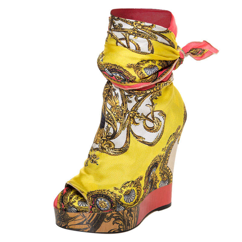 Pre Owned Dolce & Gabbana Multicolor Scarf Open Toe Ankle Wrap Wedge Pumps Size 36.5