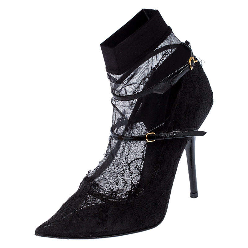 Pre Owned Dolce & Gabbana Black Lace And Stretch Mesh Fabric Sock Mary Jane Pointed Toe Pumps Size 41