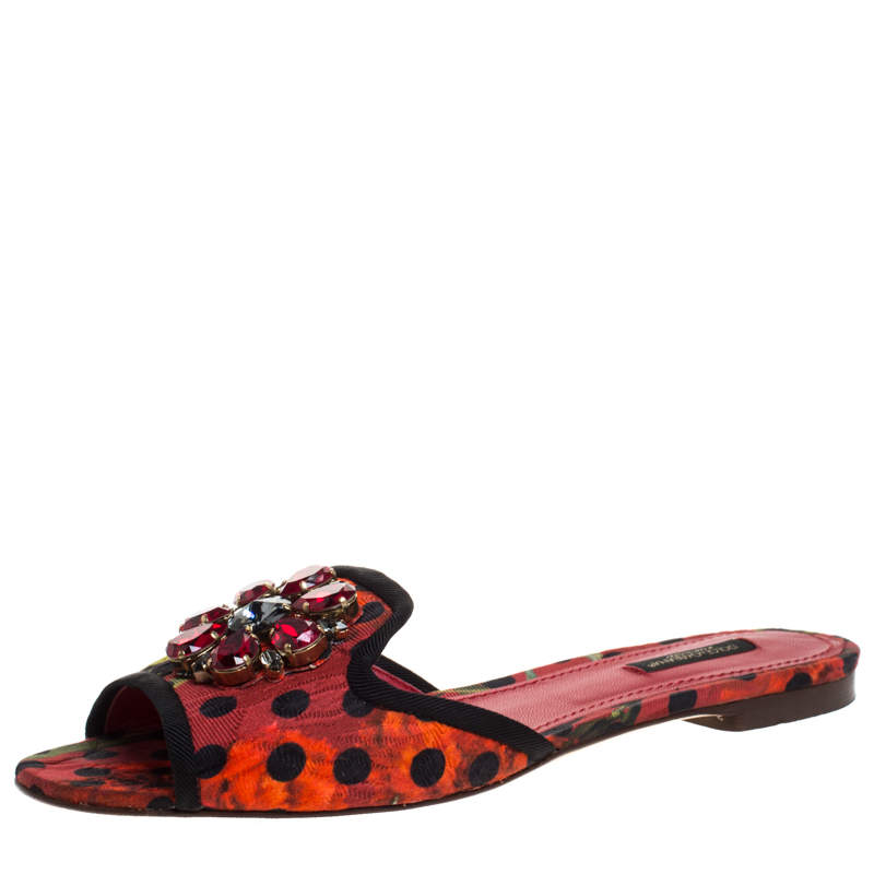 Pre Owned Dolce & Gabbana Red/Black Polka and Printed Canvas Crystal Embellished Flat Slides Size 39