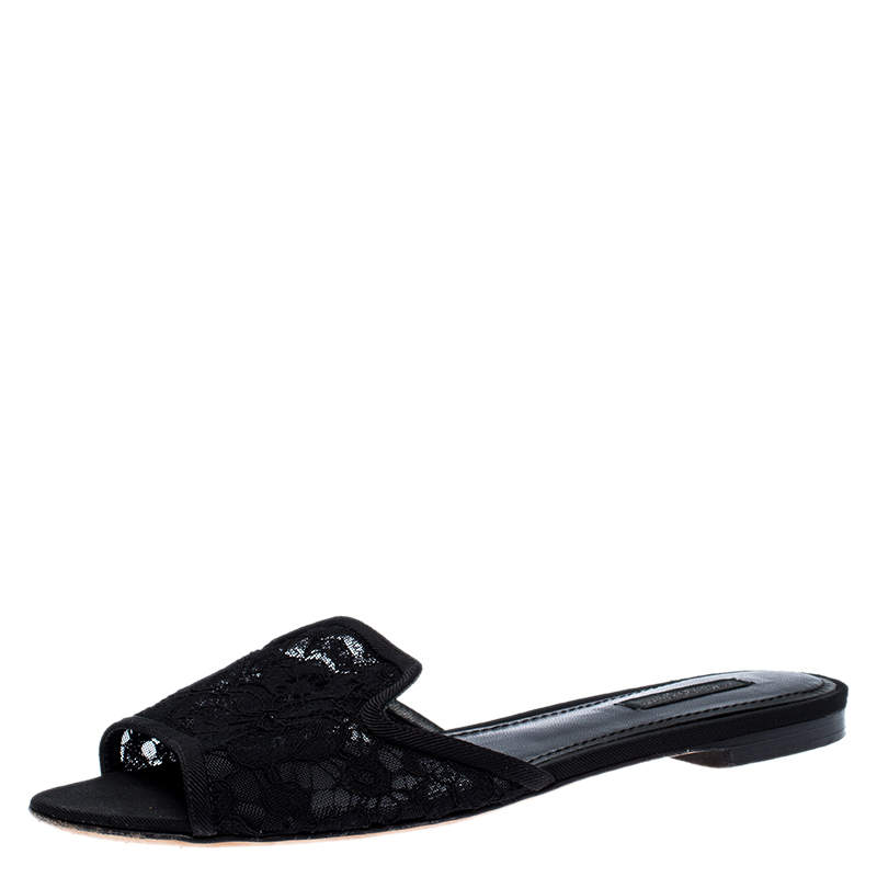 Pre Owned Dolce & Gabbana Black Floral Lace Open Toe Flat Slides Size 38