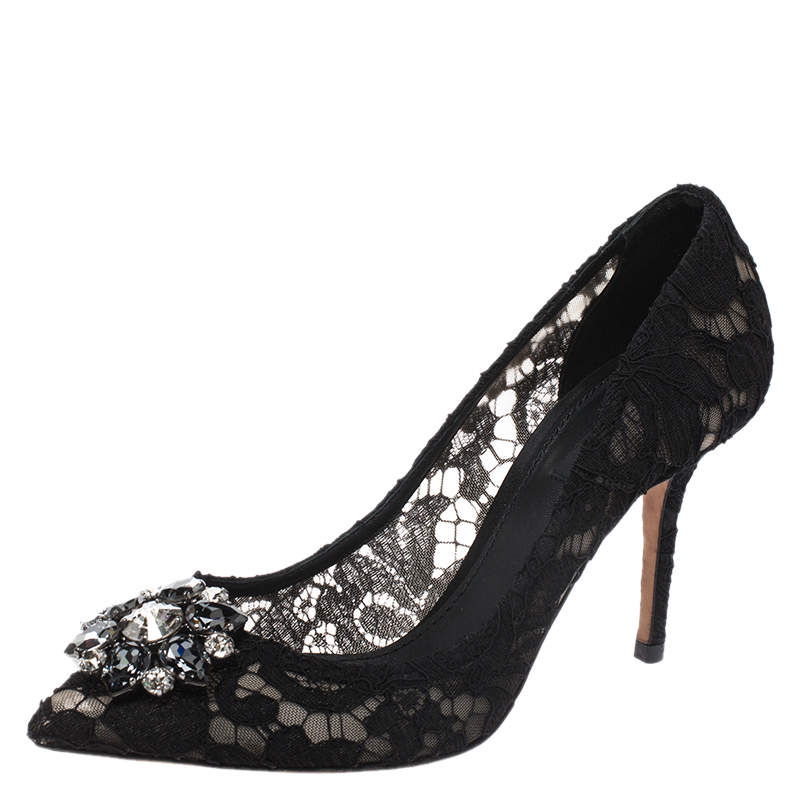 Dolce & Gabbana Black Lace Crystal Embellished Pointed Toe Pumps Size 39.5