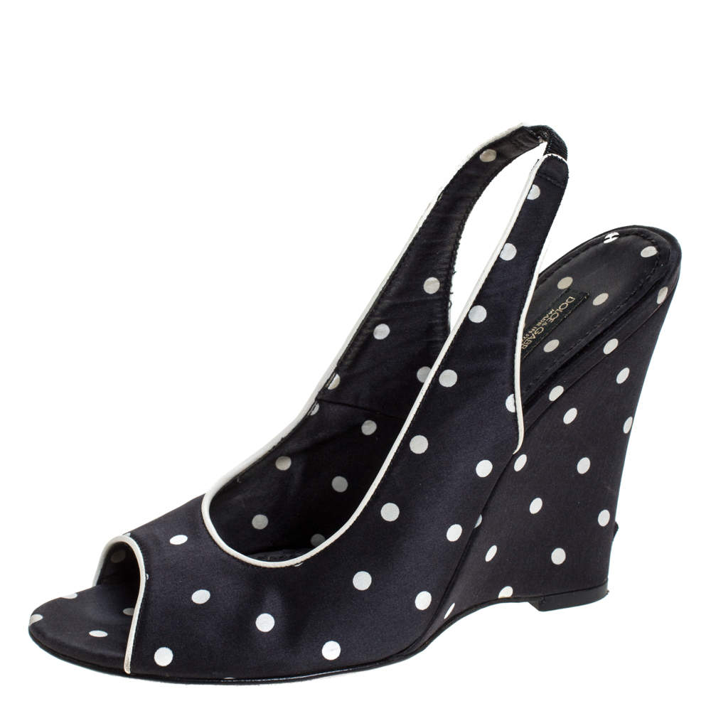 Pre Owned Dolce & Gabbana Black Satin Polka Dot Slingback Wedges Size 38