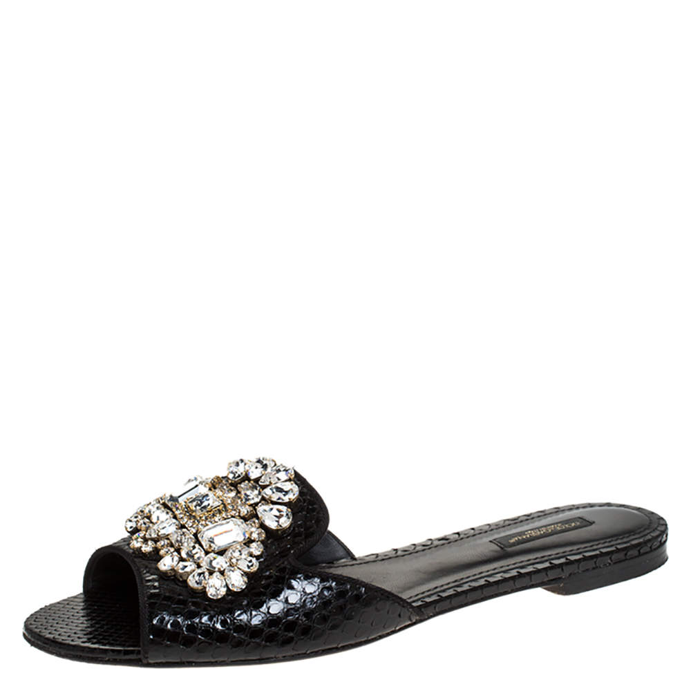 Dolce & Gabbana Black Crystal Embellished Snakeskin Leather Bianca Flat Slides Size 40