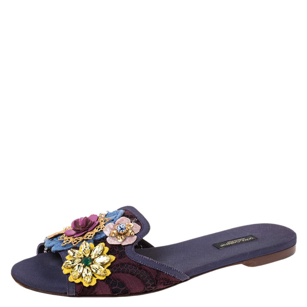 Dolce & Gabbana Brown/Purple Lace Crystal Flower Embellished Flat ...