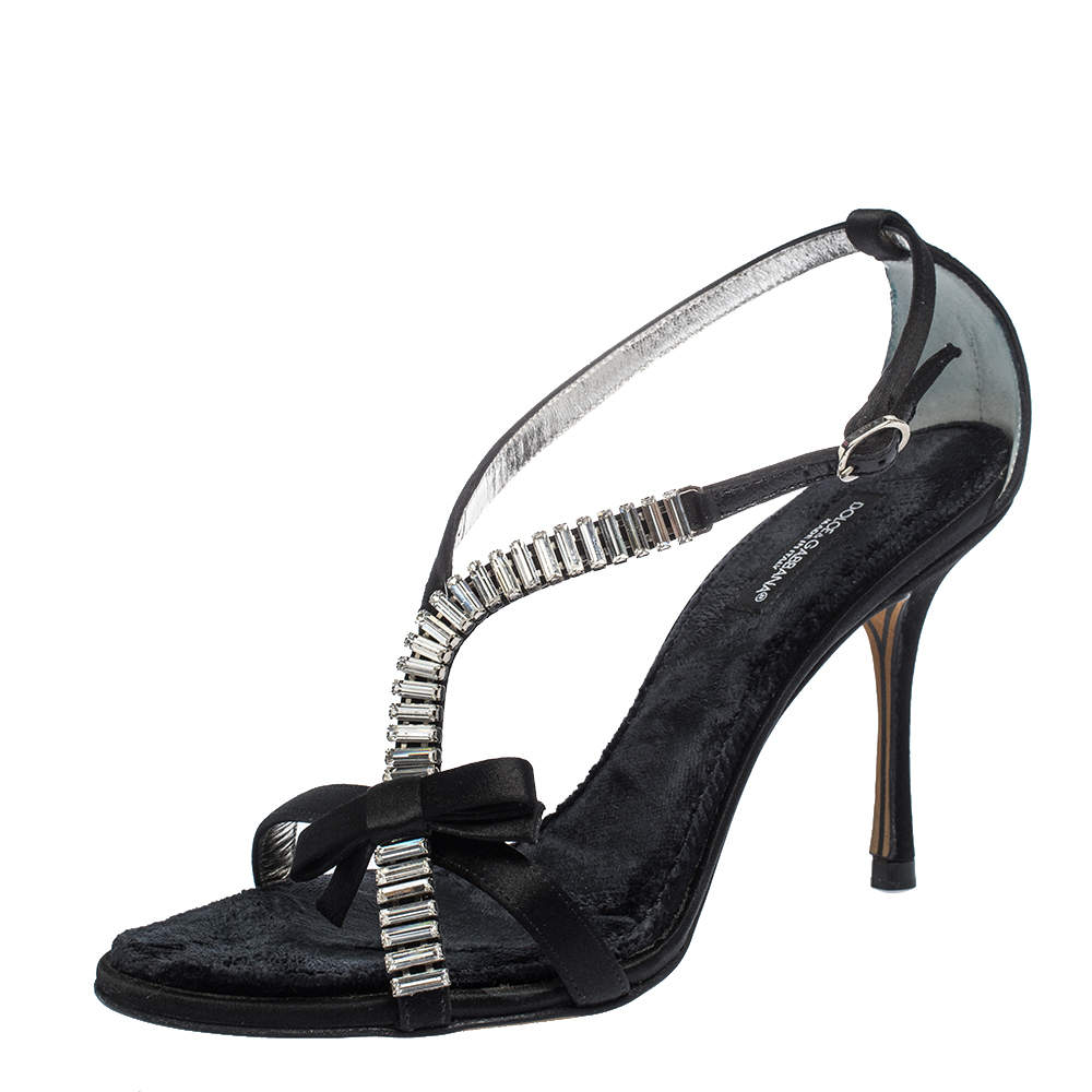 Pre Owned Dolce & Gabbana Black Embellished Satin Ankle Strap Sandals Size 36